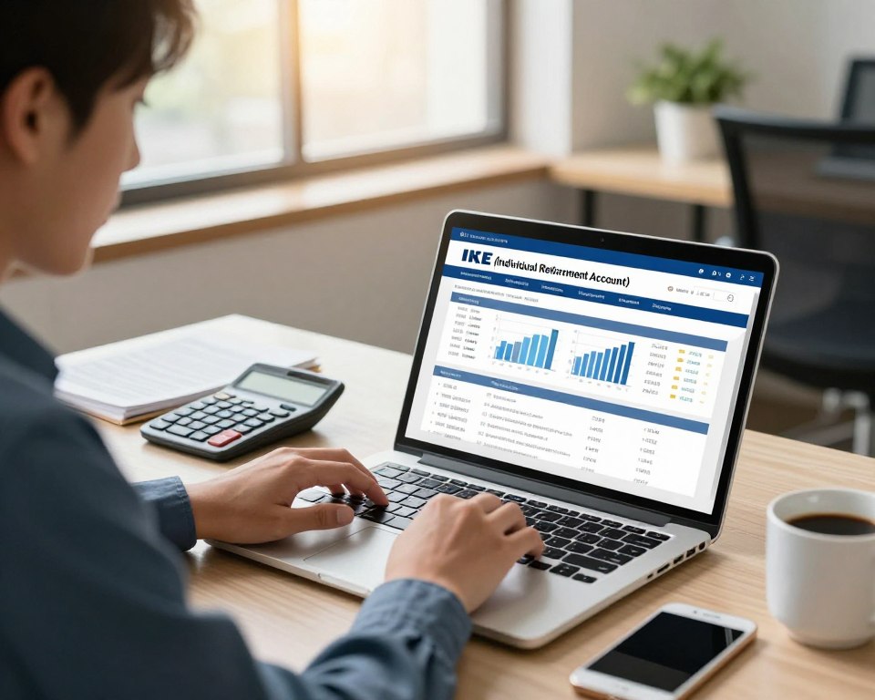 A modern office setting showcasing a person using a laptop to open an IKE (Individual Retirement Account) as part of investing in ETFs. In the foreground, depict a young professional, dressed in business attire, intently reviewing financial documents with graphs and charts visible on the laptop screen. The middle layer features a desk with financial books, a calculator, and a coffee mug, conveying a sense of focus and organization. In the background, soft-focus window light illuminates the office, suggesting a sunny day outside while office plants add a touch of warmth. The atmosphere is one of determination and professionalism, emphasizing the step-by-step process of setting up an IKE account. Use natural colors and sharp details to enhance the clarity of the scene.