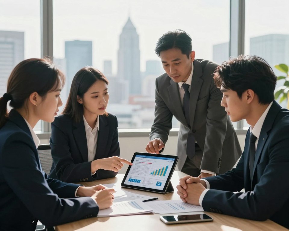 A modern office setting with a large window showcasing a city skyline in the background. In the foreground, a diverse group of three professionals, dressed in smart business attire, are attentively discussing investment strategies. One person is pointing at a digital tablet displaying graphs and charts related to ETFs and IKE investments. Soft, natural light streams in through the window, casting a warm glow on their focused expressions. The middle ground features a sleek desk with financial documents and a laptop, adding depth to the scene. The atmosphere is collaborative and motivational, reflecting a pragmatic yet optimistic approach to investing in ETFs through IKE.