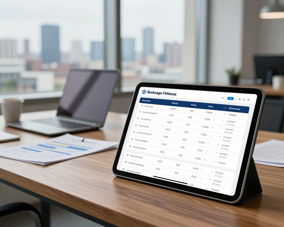 A modern, sleek comparison chart displaying brokerage firm offerings, set in a well-lit, professional office environment. The foreground features a large digital tablet showing a detailed infographic with data points about various brokerage accounts, highlighting fees, commissions, and features. In the middle, an elegant wooden desk with a laptop, financial documents, and a coffee mug embodies a working professional's space. The background showcases a panoramic city view through large windows, conveying opportunity and growth. Soft, natural lighting enhances the atmosphere, while a slight depth of field focuses on the tablet, blurring the distant cityscape. The mood is analytical and informative, aimed at guiding readers through their investment choices. A modern, sleek comparison chart displaying brokerage firm offerings, set in a well-lit, professional office environment. The foreground features a large digital tablet showing a detailed infographic with data points about various brokerage accounts, highlighting fees, commissions, and features. In the middle, an elegant wooden desk with a laptop, financial documents, and a coffee mug embodies a working professional's space. The background showcases a panoramic city view through large windows, conveying opportunity and growth. Soft, natural lighting enhances the atmosphere, while a slight depth of field focuses on the tablet, blurring the distant cityscape. The mood is analytical and informative, aimed at guiding readers through their investment choices.