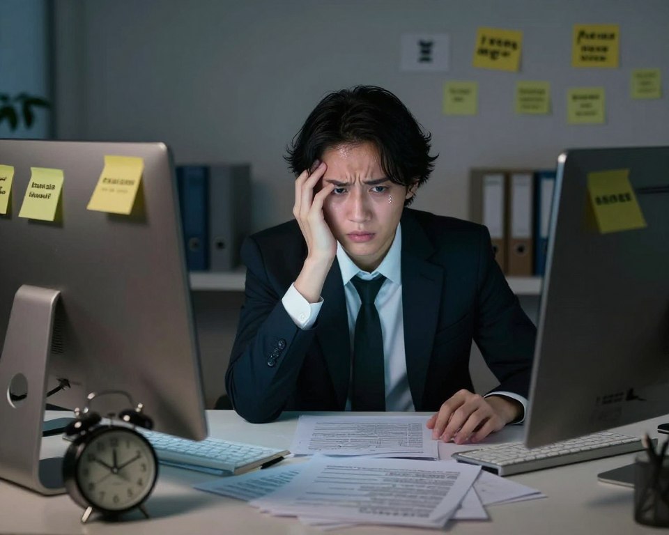 A person sitting at a cluttered desk in a dimly lit office environment, displaying a mix of anxiety and frustration as they stare at an unfinished task on their computer screen. The foreground features scattered papers and a clock showing late hours, symbolizing procrastination. In the middle ground, the individual, dressed in professional attire, has an expression of worry, with sweat forming on their forehead. They are surrounded by shadows that represent fear and pressure. The background reveals a slightly chaotic workspace filled with motivational quotes on sticky notes that contrast with the person's current emotional state. Use soft, moody lighting to enhance the atmosphere of stress and perfectionism, emphasizing the conflict between ambition and overwhelm.