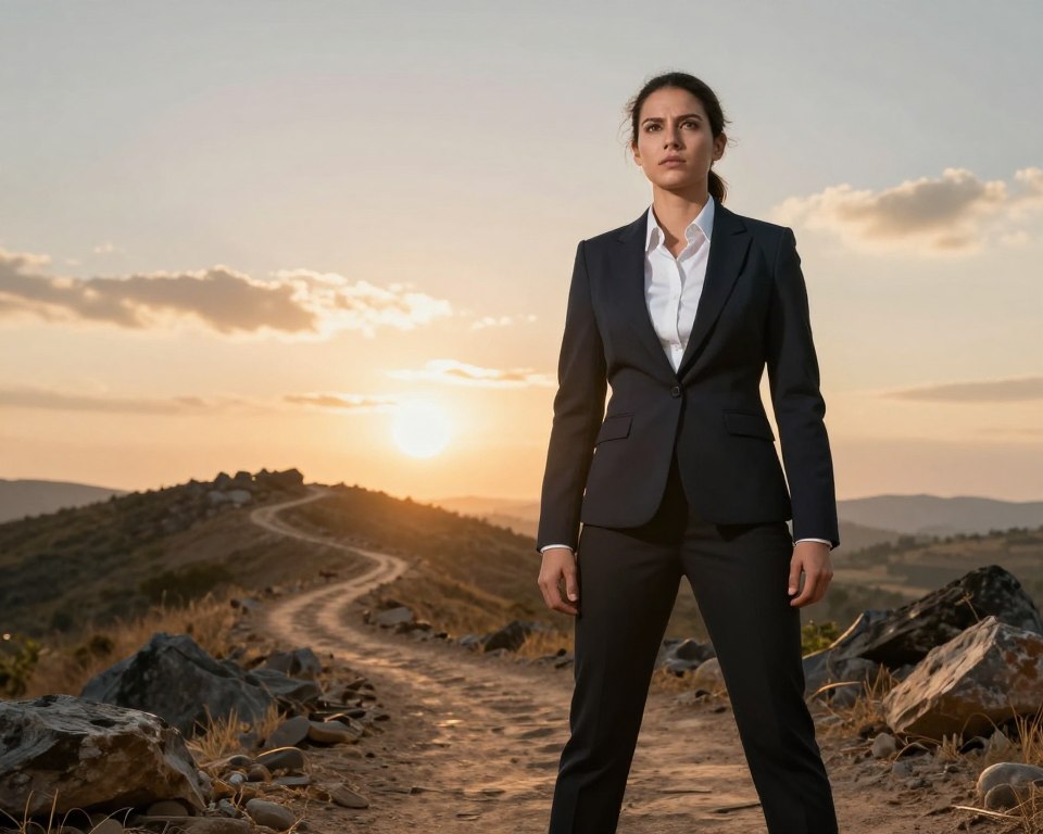 A powerful scene illustrating the strength of determination and resilience. In the foreground, a confident individual, dressed in professional business attire, stands tall with a determined expression, showcasing an inherent focus and strength. The middle ground features a rugged path winding through a landscape of challenges, like rocky hills and obstacles symbolizing life's struggles. The background transitions into a sunrise, casting warm, golden light that represents hope and new beginnings, with soft clouds suggesting a calm atmosphere. The composition should use a slight low-angle shot to emphasize the subject's importance, highlighting their journey through adversity. The overall mood is inspiring and uplifting, capturing the essence of perseverance and inner strength.