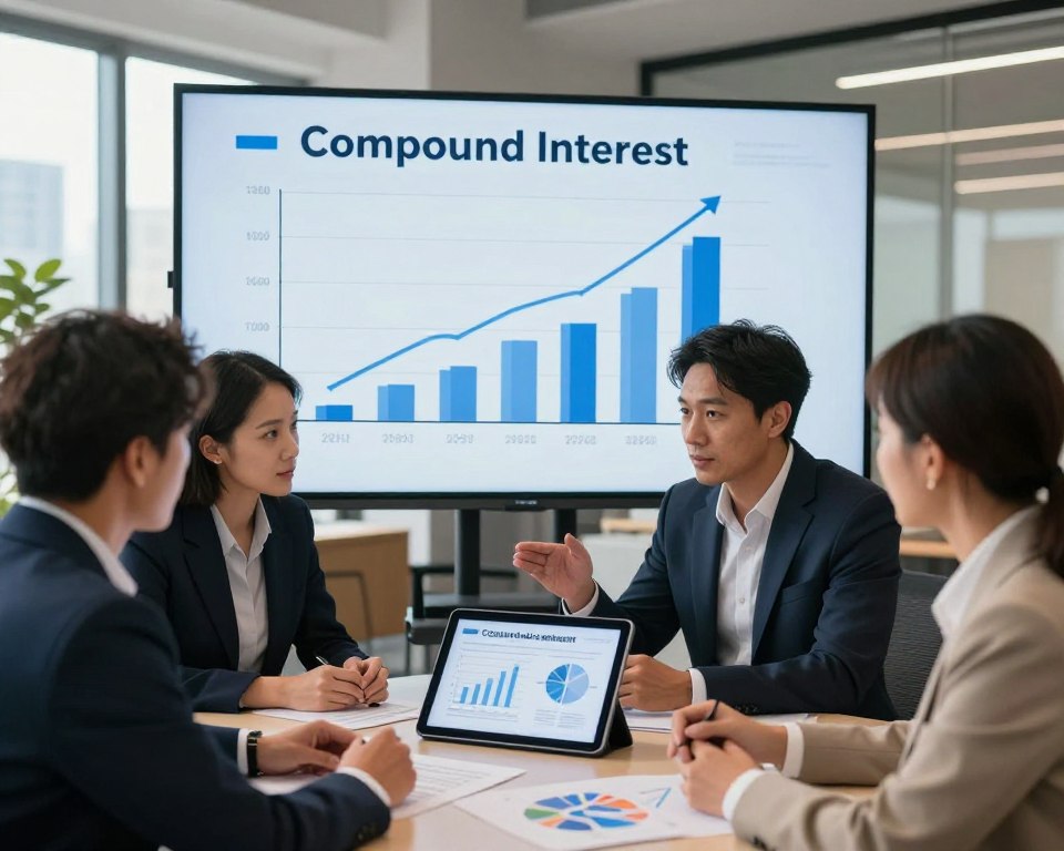 A professional business environment showcasing real-life examples of compound interest. In the foreground, a diverse group of three business professionals in smart attire, engaged in a lively discussion with charts and graphs displayed on a sleek digital tablet. The middle layer features a large, translucent screen highlighting an illustrative financial graph, demonstrating the growth of investments over time under the influence of compound interest. In the background, an office setting with modern furniture, large windows letting in natural light, and a city skyline visible. The mood is focused and dynamic, emphasizing the tangible benefits of understanding compound interest in financial decisions. The lighting is bright and warm, enhancing the professional atmosphere. A professional business environment showcasing real-life examples of compound interest. In the foreground, a diverse group of three business professionals in smart attire, engaged in a lively discussion with charts and graphs displayed on a sleek digital tablet. The middle layer features a large, translucent screen highlighting an illustrative financial graph, demonstrating the growth of investments over time under the influence of compound interest. In the background, an office setting with modern furniture, large windows letting in natural light, and a city skyline visible. The mood is focused and dynamic, emphasizing the tangible benefits of understanding compound interest in financial decisions. The lighting is bright and warm, enhancing the professional atmosphere.