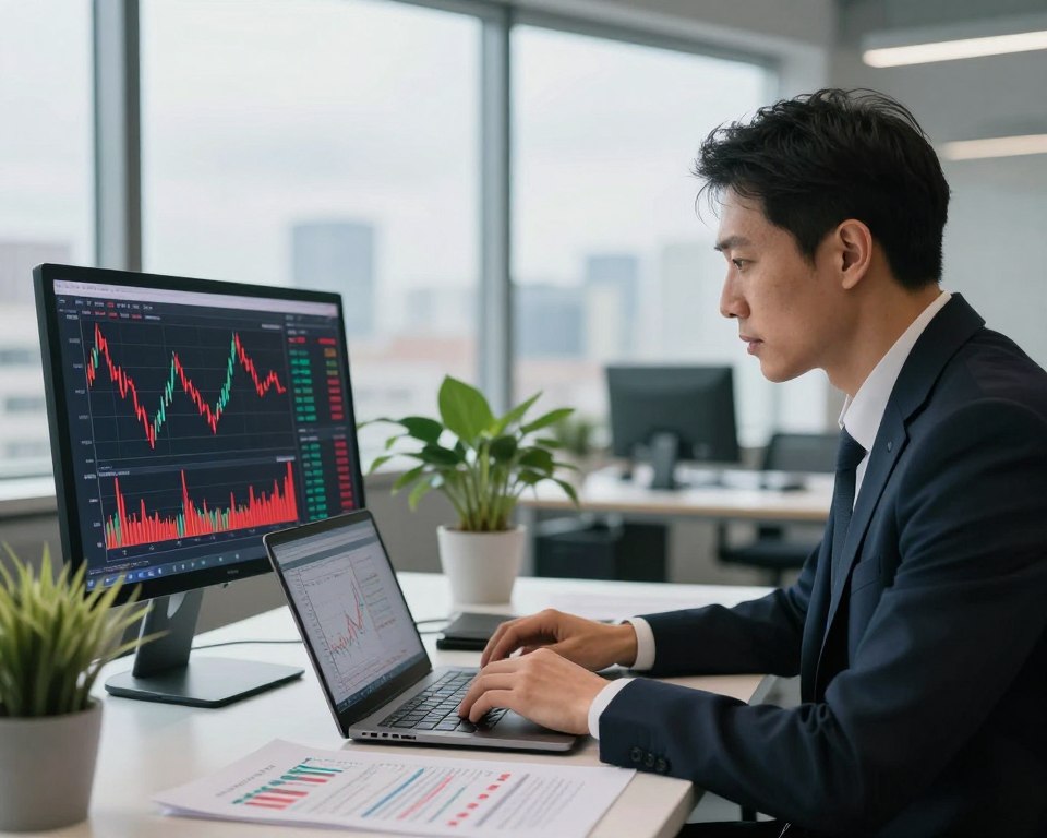 A professional financial advisor analyzing a portfolio on a computer screen displaying falling stock graphs in red, symbolizing market decline during a bear market. In the foreground, a focused advisor, dressed in business attire, intently examines data on a laptop, surrounded by financial charts and notes. The middle ground features a modern office with a sleek desk and potted plants, creating an atmosphere of calm amidst market turmoil. In the background, large windows reveal a cloudy cityscape, hinting at economic uncertainty. Soft, diffused lighting enhances the serious mood, while a shallow depth of field emphasizes the advisor, capturing the essence of effective portfolio management during downturns. A professional financial advisor analyzing a portfolio on a computer screen displaying falling stock graphs in red, symbolizing market decline during a bear market. In the foreground, a focused advisor, dressed in business attire, intently examines data on a laptop, surrounded by financial charts and notes. The middle ground features a modern office with a sleek desk and potted plants, creating an atmosphere of calm amidst market turmoil. In the background, large windows reveal a cloudy cityscape, hinting at economic uncertainty. Soft, diffused lighting enhances the serious mood, while a shallow depth of field emphasizes the advisor, capturing the essence of effective portfolio management during downturns.