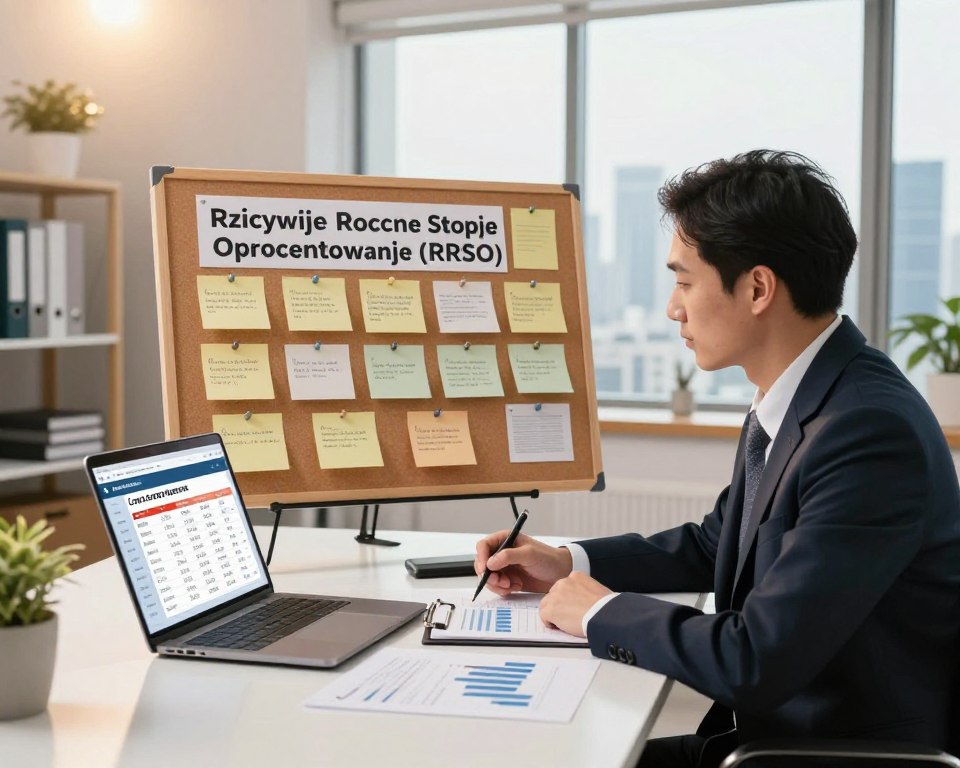 A professional financial advisor sits at a sleek, modern desk, surrounded by charts and financial documents, depicting practical tips for choosing a loan. In the foreground, a laptop with an open loan comparison tool displays various interest rates and terms. In the middle, a large corkboard filled with pinned notes highlights key advice for selecting loans, emphasizing the importance of understanding the Rzeczywista Roczna Stopa Oprocentowania (RRSO). The background features a softly lit office with bookshelves, plants, and a large window showing a city skyline, creating a calm and focused atmosphere. The overall mood is one of professionalism and clarity, aimed at helping readers make informed financial decisions. The lighting is warm, with a slight lens flare from the window, adding an inviting touch.