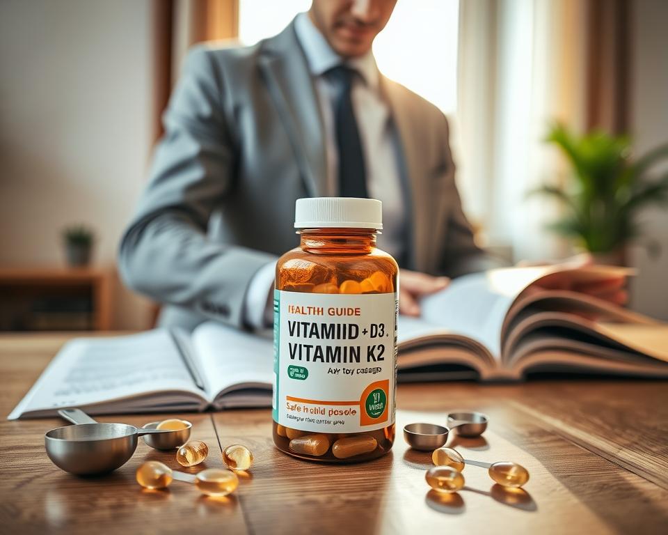 A professional male figure in smart casual attire, examining a bottle of vitamin D3 and K2 supplements on a wooden table. In the foreground, the bottle is prominently displayed with the cap off, revealing the softgel capsules inside. In the middle ground, there are measuring spoons and a health guide open to a section about dosages. The background features a sunlit window with gentle, warm natural light streaming in, creating a welcoming atmosphere. The scene conveys a sense of health and well-being, emphasizing safe dosage practices. The composition should be captured using a soft focus lens to create a warm, inviting mood, with a slightly elevated angle to highlight the items on the table. A professional male figure in smart casual attire, examining a bottle of vitamin D3 and K2 supplements on a wooden table. In the foreground, the bottle is prominently displayed with the cap off, revealing the softgel capsules inside. In the middle ground, there are measuring spoons and a health guide open to a section about dosages. The background features a sunlit window with gentle, warm natural light streaming in, creating a welcoming atmosphere. The scene conveys a sense of health and well-being, emphasizing safe dosage practices. The composition should be captured using a soft focus lens to create a warm, inviting mood, with a slightly elevated angle to highlight the items on the table.