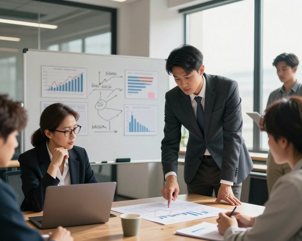 A professional office environment with a diverse group of businesspeople engaged in strategic planning for future market crises. In the foreground, a middle-aged woman with glasses and a thoughtful expression studies financial graphs on a laptop. Beside her, a young man in a smart suit points at a physical chart on the table, indicating a downward trend. In the middle ground, a large whiteboard displays market forecasts and a brainstorming session in progress. The background shows a modern office with large windows letting in natural light, casting soft shadows. The overall atmosphere is serious yet hopeful, conveying a spirit of resilience and teamwork amid uncertainty. The lighting is warm and professional, enhancing the sense of collaboration and preparedness for upcoming challenges. A professional office environment with a diverse group of businesspeople engaged in strategic planning for future market crises. In the foreground, a middle-aged woman with glasses and a thoughtful expression studies financial graphs on a laptop. Beside her, a young man in a smart suit points at a physical chart on the table, indicating a downward trend. In the middle ground, a large whiteboard displays market forecasts and a brainstorming session in progress. The background shows a modern office with large windows letting in natural light, casting soft shadows. The overall atmosphere is serious yet hopeful, conveying a spirit of resilience and teamwork amid uncertainty. The lighting is warm and professional, enhancing the sense of collaboration and preparedness for upcoming challenges.