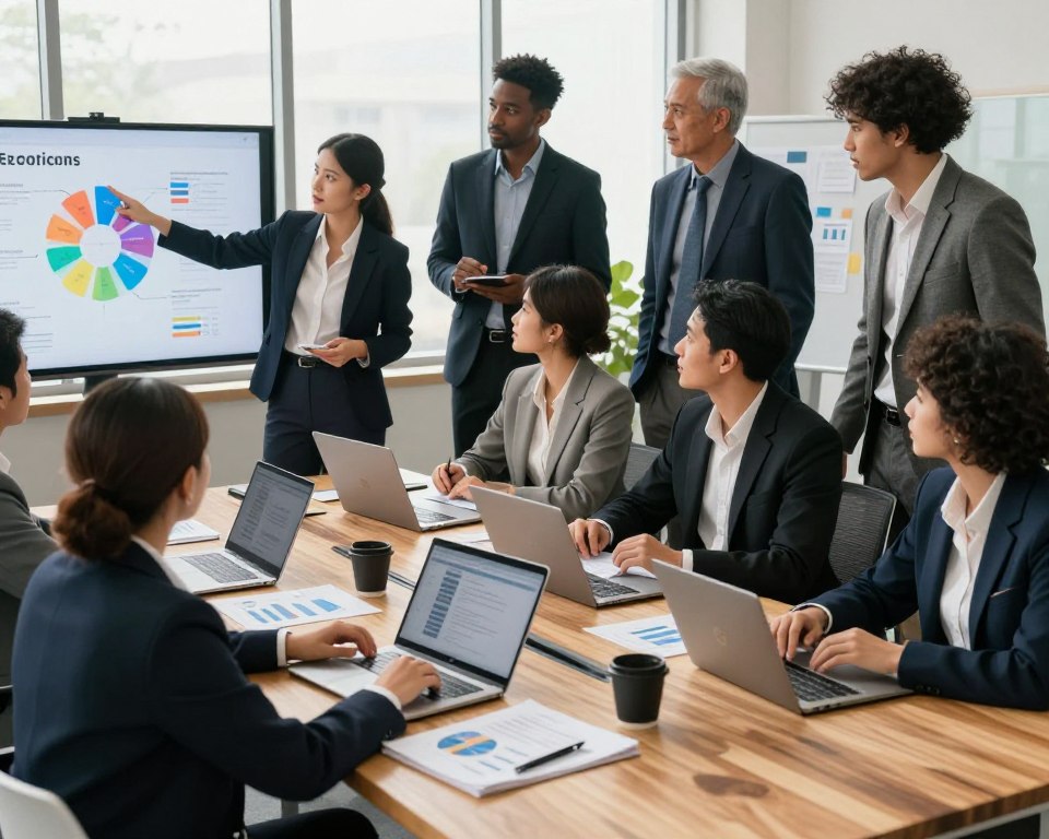 A professional office setting, showcasing a diverse group of individuals in business attire, collaborating around a large wooden table filled with notebooks, charts, and digital devices. In the foreground, a confident woman pointing to a colorful projection screen displaying visual representations of annual goals and key strategies. The middle ground includes a focused group engaged in discussion, exchanging ideas and insights enthusiastically. The background features large windows with natural light streaming in, illuminating the space and creating a productive atmosphere. A warm color palette enhances the feeling of motivation and teamwork. The camera angle captures the dynamic interaction, creating an inviting and inspiring mood that emphasizes the importance of setting annual goals and quarterly reviews.
