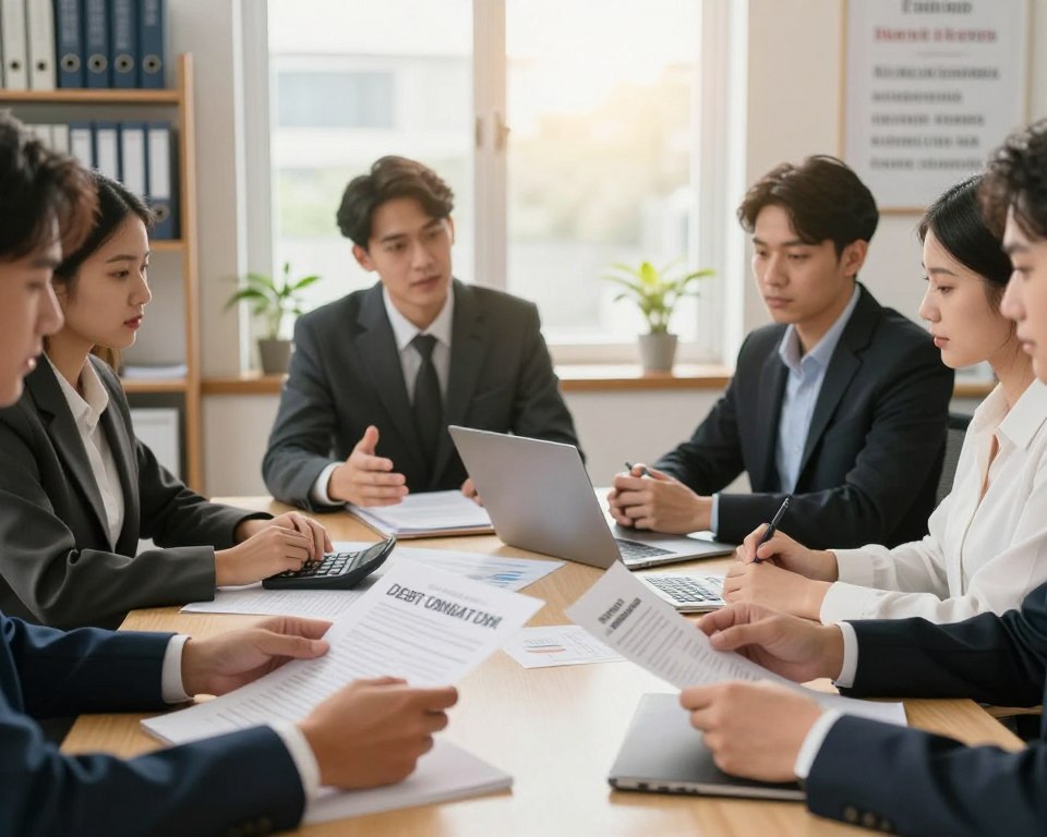 A professional office setting with a table at the center, where a group of diverse individuals in business attire are engaged in a serious negotiation over debt consolidation documents. In the foreground, a close-up of hands exchanging paperwork, showcasing a calculator and a laptop. The middle layer portrays a focused discussion between two individuals, one gesturing while the other listens intently. In the background, a large window lets in natural light, casting a warm glow on the scene, suggesting a hopeful atmosphere. Soft focus on shelves filled with finance books and inspiring quotes on the walls. The overall mood is one of determination and collaboration, emphasizing problem-solving and professional dialogue in a financial context.