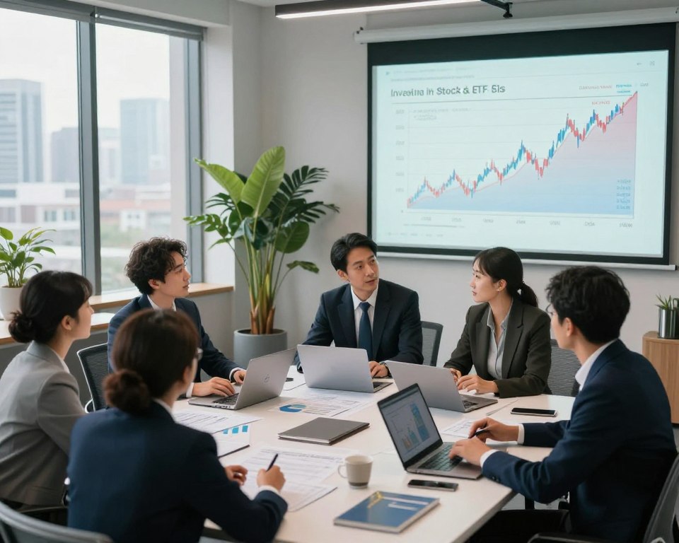 A professional setting illustrating the concept of investing in stocks and ETFs as a hedge against inflation. In the foreground, a diverse group of business professionals in smart attire is engaged in a discussion around a large table. They are analyzing charts and graphs projected on a screen, depicting stock trends and rising ETF performance. The middle ground features a calm office space with modern decor, plants, and a large window showing a city skyline. In the background, soft, natural lighting filters through, creating a focused yet optimistic atmosphere. The angle is slightly elevated, giving a panoramic view of the room and emphasizing collaboration and strategic thinking related to financial growth. The overall mood should convey professionalism, optimism, and financial empowerment.