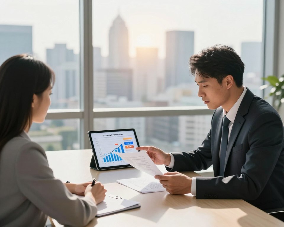 A professional setting illustrating the concept of mortgage prepayment strategies and refinancing options. In the foreground, a focused financial advisor in a smart business suit reviews documents with a couple seated comfortably at a modern conference table. The middle layer shows a digital tablet displaying graphs and charts related to mortgage rates, highlighting the differences between fixed and variable interest rates. In the background, a large window offers a view of a city skyline, bathed in warm afternoon sunlight, creating a motivational and optimistic atmosphere. Soft shadows and natural light enhance the professionalism of the scene, while the overall composition conveys trust and financial empowerment.