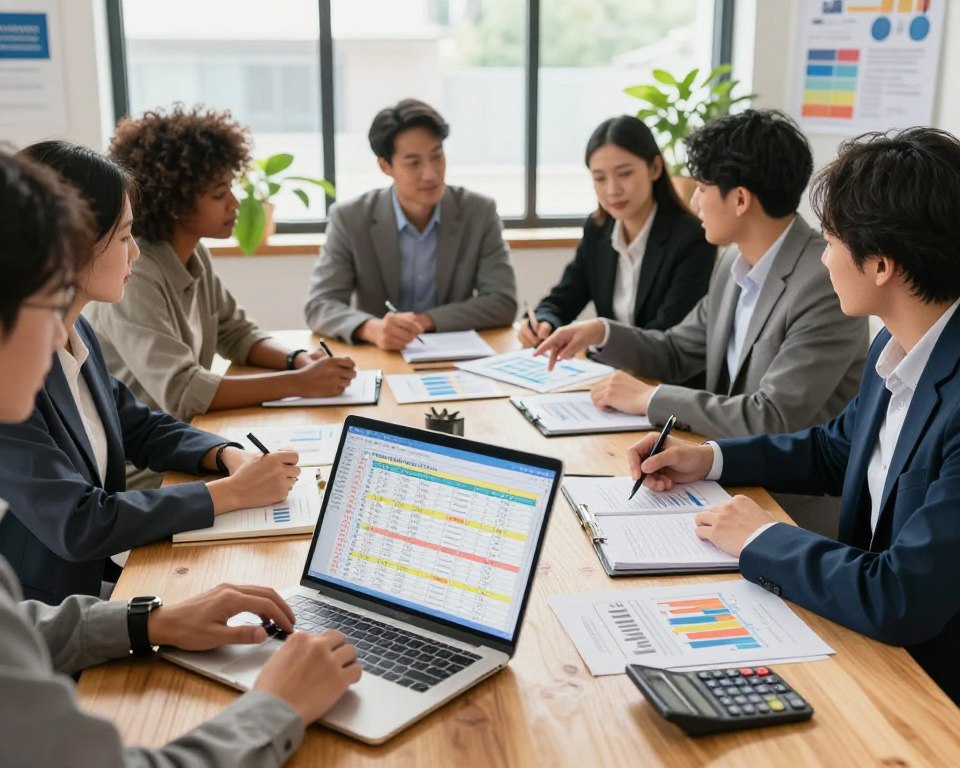 A professional setting showcasing a diverse group of individuals seated around a large wooden table, engaged in budget planning and debt repayment discussions. In the foreground, a close-up of a laptop displaying a colorful budget spreadsheet, papers with financial graphs, and a calculator. In the middle ground, individuals in business attire are actively communicating, some pointing at charts, others taking notes. The background features a well-lit office space with large windows allowing natural light, green potted plants, and motivational posters about financial wellness. The atmosphere is focused and collaborative, emphasizing teamwork and strategic planning for overcoming debt. The lighting is bright and inviting, casting a warm glow on the participants to enhance the positive mood of the scene.