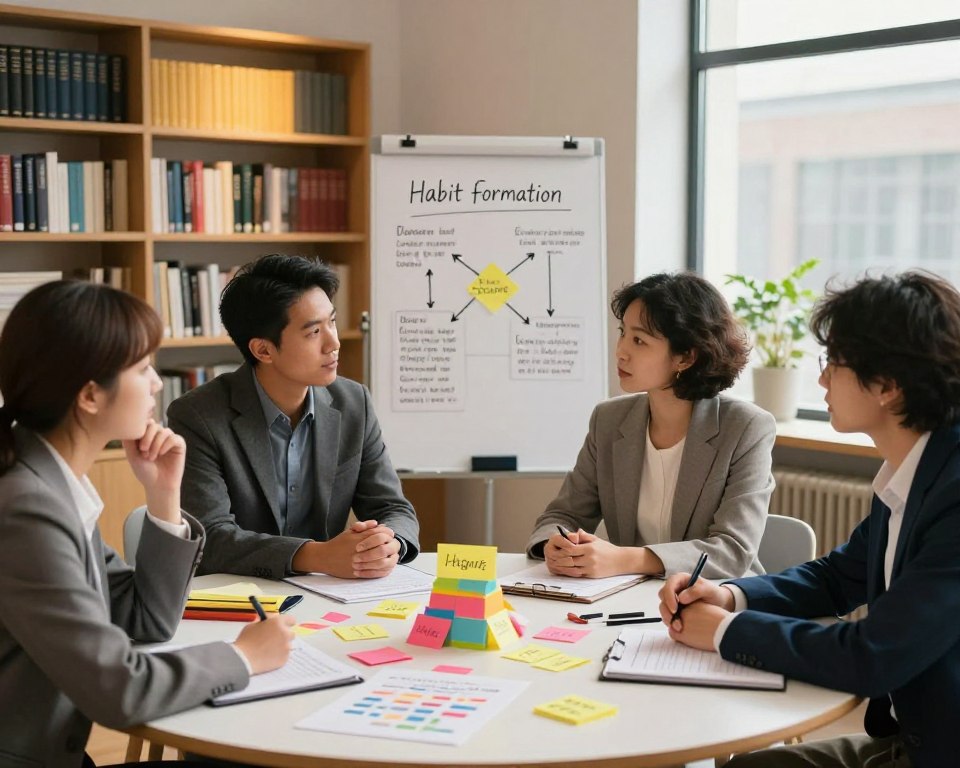 A serene and inviting workspace, showcasing a diverse group of individuals in professional attire, engaged in thoughtful discussions about habit formation. In the foreground, a round table filled with colorful sticky notes, charts on habit stacking, and motivational tools. In the middle ground, a whiteboard displaying diagrams of psychological theories regarding habits, with arrows connecting ideas. In the background, soft-focus bookshelves filled with psychology texts, illuminated by warm, natural light filtering through a large window, creating an inspiring atmosphere. The mood is collaborative and encouraging, highlighting the scientific and psychological aspects of habit formation. The composition should be well-balanced, emphasizing both the human element and the intellectual pursuit of understanding habits. A serene and inviting workspace, showcasing a diverse group of individuals in professional attire, engaged in thoughtful discussions about habit formation. In the foreground, a round table filled with colorful sticky notes, charts on habit stacking, and motivational tools. In the middle ground, a whiteboard displaying diagrams of psychological theories regarding habits, with arrows connecting ideas. In the background, soft-focus bookshelves filled with psychology texts, illuminated by warm, natural light filtering through a large window, creating an inspiring atmosphere. The mood is collaborative and encouraging, highlighting the scientific and psychological aspects of habit formation. The composition should be well-balanced, emphasizing both the human element and the intellectual pursuit of understanding habits.