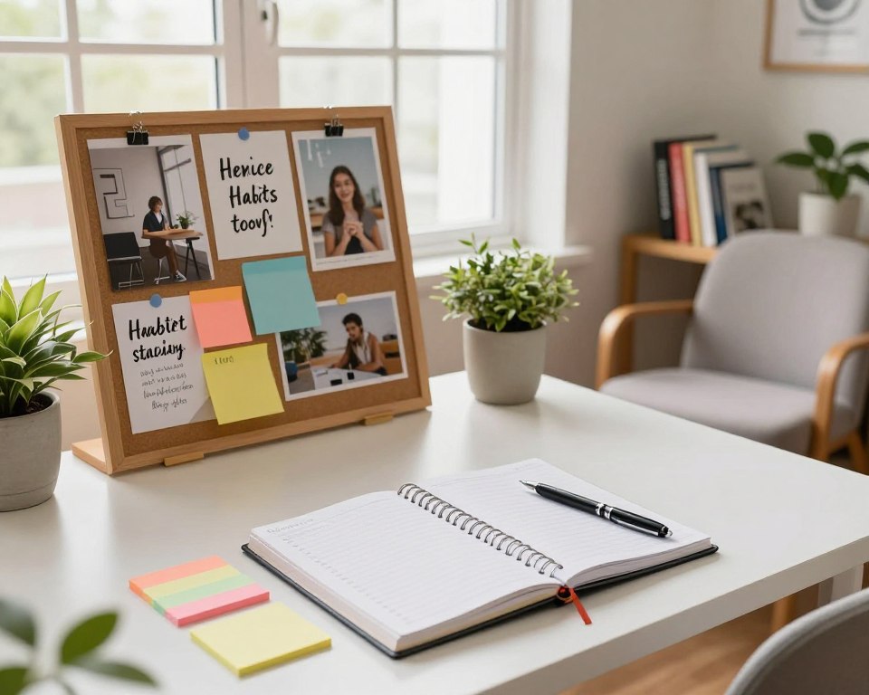 A serene and inviting workspace showcasing essential tools and techniques for effective habit stacking. In the foreground, a neatly arranged desk features a bullet journal, colorful sticky notes, and a sleek planner, with a pen poised for writing. In the middle ground, a well-organized vision board displays inspiring quotes and images, fostering motivation. A cozy armchair sits beside a small bookshelf filled with self-improvement books. The background captures a bright, airy room with large windows allowing soft, natural light to illuminate the scene. Lush indoor plants add a touch of freshness, while the overall atmosphere conveys productivity and calmness, inspiring a sense of focus and determination. The composition is shot from a slightly elevated angle to showcase the entire workspace effectively. A serene and inviting workspace showcasing essential tools and techniques for effective habit stacking. In the foreground, a neatly arranged desk features a bullet journal, colorful sticky notes, and a sleek planner, with a pen poised for writing. In the middle ground, a well-organized vision board displays inspiring quotes and images, fostering motivation. A cozy armchair sits beside a small bookshelf filled with self-improvement books. The background captures a bright, airy room with large windows allowing soft, natural light to illuminate the scene. Lush indoor plants add a touch of freshness, while the overall atmosphere conveys productivity and calmness, inspiring a sense of focus and determination. The composition is shot from a slightly elevated angle to showcase the entire workspace effectively.