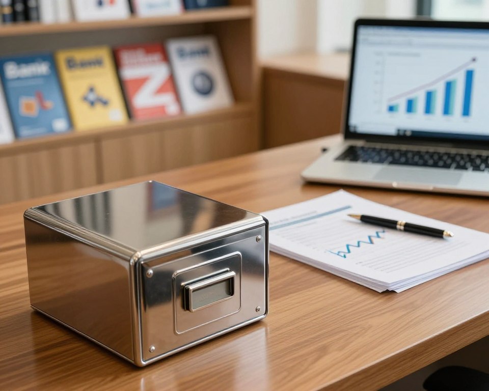 A serene bank office interior showcasing bank deposits, with a close-up of a shiny metallic bank deposit box in the foreground, reflecting light. In the middle, a polished wooden desk holds neatly stacked papers with graphs indicating financial growth and a stylish pen. A modern laptop displays a graph of rising savings. In the background, soft-focus shelves contain colorful brochures about different bank products. Warm, inviting lighting highlights the professionalism of the space, creating a calm and trustworthy atmosphere. The angle should be slightly tilted to evoke a dynamic feel while keeping the focus on the bank deposit box, symbolizing security and stability in personal finance.