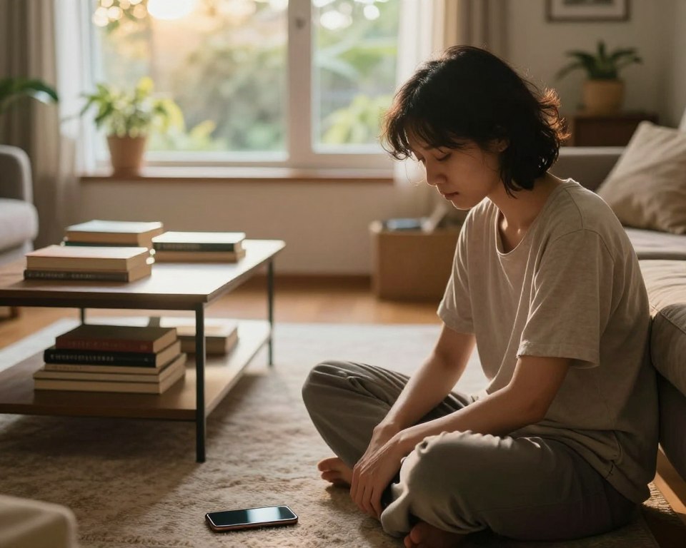 A serene, contemplative scene illustrating the challenges of dopamine detox. In the foreground, a person sitting cross-legged on a soft rug, dressed in modest casual clothing, with a thoughtful expression as they resist the temptation of a smartphone placed nearby. The middle ground features a cluttered living room with a coffee table filled with books on mindfulness and digital detox, emphasizing the struggle against distractions. In the background, a large window lets in warm, soft sunlight, highlighting a peaceful garden outside. The mood is one of introspection and determination, with gentle lighting creating a calming atmosphere. The angle is slightly elevated, capturing both the subject's emotion and the environment, inviting viewers to connect with the journey of detoxification. A serene, contemplative scene illustrating the challenges of dopamine detox. In the foreground, a person sitting cross-legged on a soft rug, dressed in modest casual clothing, with a thoughtful expression as they resist the temptation of a smartphone placed nearby. The middle ground features a cluttered living room with a coffee table filled with books on mindfulness and digital detox, emphasizing the struggle against distractions. In the background, a large window lets in warm, soft sunlight, highlighting a peaceful garden outside. The mood is one of introspection and determination, with gentle lighting creating a calming atmosphere. The angle is slightly elevated, capturing both the subject's emotion and the environment, inviting viewers to connect with the journey of detoxification.