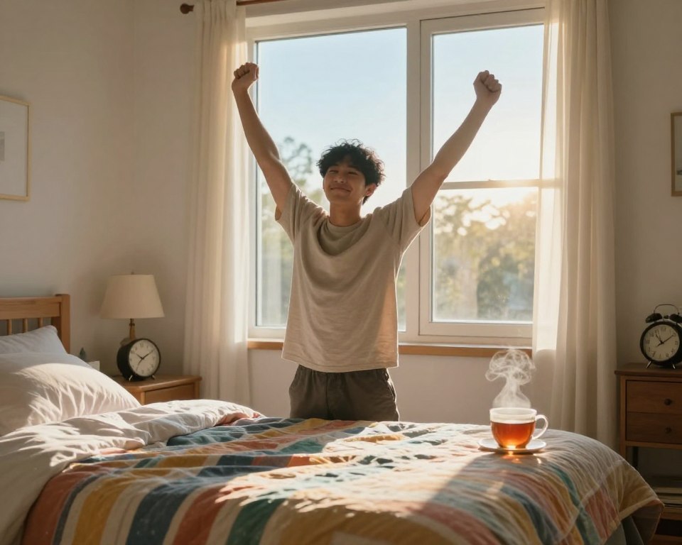 A serene early morning scene depicting a cozy bedroom filled with soft, warm light filtering through a window. In the foreground, a neatly made bed with a colorful quilt, a clock showing 5 AM on the bedside table, and a steaming cup of tea. The middle ground features an individual, a young man dressed in modest, casual clothing, stretching and smiling as he prepares to rise. Behind him, a glimpse of a sunlit outdoor view with greenery and a clear blue sky, suggesting a fresh start to the day. The mood is uplifting and motivational, capturing the essence of early rising and productivity. The lighting is soft, emphasizing warmth and encouragement, creating a tranquil yet inspiring atmosphere.