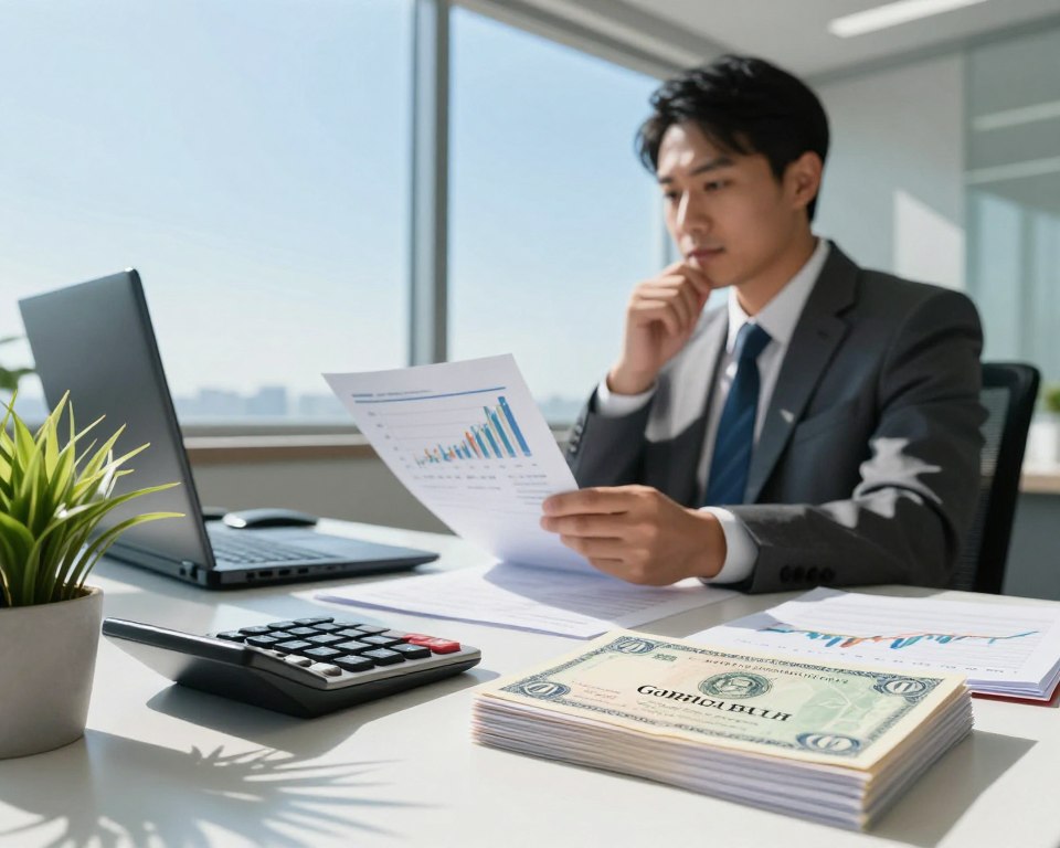 A serene financial office environment illustrating the concept of the safety of government bonds. In the foreground, an elegant desk setup with a shiny calculator, stacks of government bond certificates, and a small potted plant. In the middle ground, a confident business professional in formal attire examines a chart depicting investment security, with a thoughtful expression. A large window in the background reveals a clear blue sky, symbolizing stability and trust. Soft natural light illuminates the scene, casting gentle shadows that enhance the professional atmosphere. The color palette includes calming blues and greens, evoking a sense of security and reliability, while maintaining clarity and focus on the key financial elements. The overall mood is optimistic and assurance-driven.