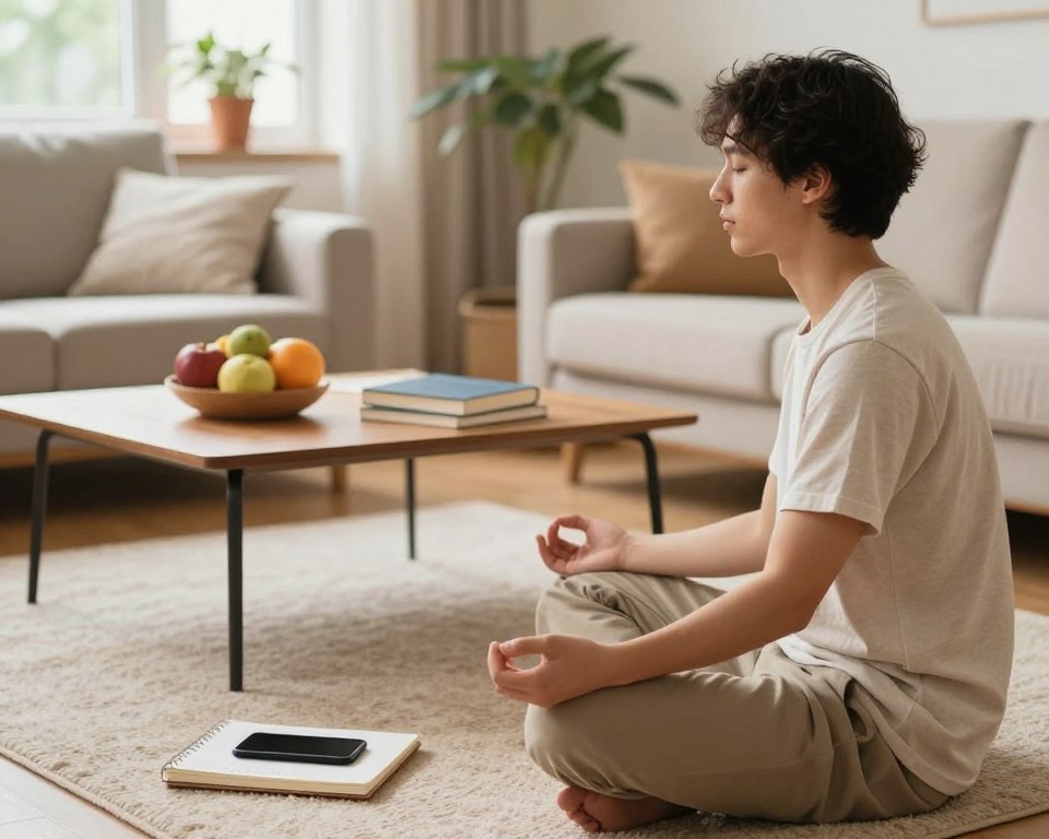 A serene home environment illustrating a "dopamine detox" in daily life. In the foreground, a young adult in modest casual attire is sitting cross-legged on a cozy rug, engaging in mindfulness practices, such as meditation or journaling. The middle ground features a coffee table with healthy fruits, a journal, and a book, emphasizing alternatives to phone usage. In the background, soft natural light filters through a window adorned with plants, creating a calming atmosphere. The color palette is warm and inviting, inducing a sense of tranquility and focus. The scene captures a moment of reflection, devoid of technology, encouraging viewers to embrace a balanced lifestyle away from screens. A serene home environment illustrating a "dopamine detox" in daily life. In the foreground, a young adult in modest casual attire is sitting cross-legged on a cozy rug, engaging in mindfulness practices, such as meditation or journaling. The middle ground features a coffee table with healthy fruits, a journal, and a book, emphasizing alternatives to phone usage. In the background, soft natural light filters through a window adorned with plants, creating a calming atmosphere. The color palette is warm and inviting, inducing a sense of tranquility and focus. The scene captures a moment of reflection, devoid of technology, encouraging viewers to embrace a balanced lifestyle away from screens.