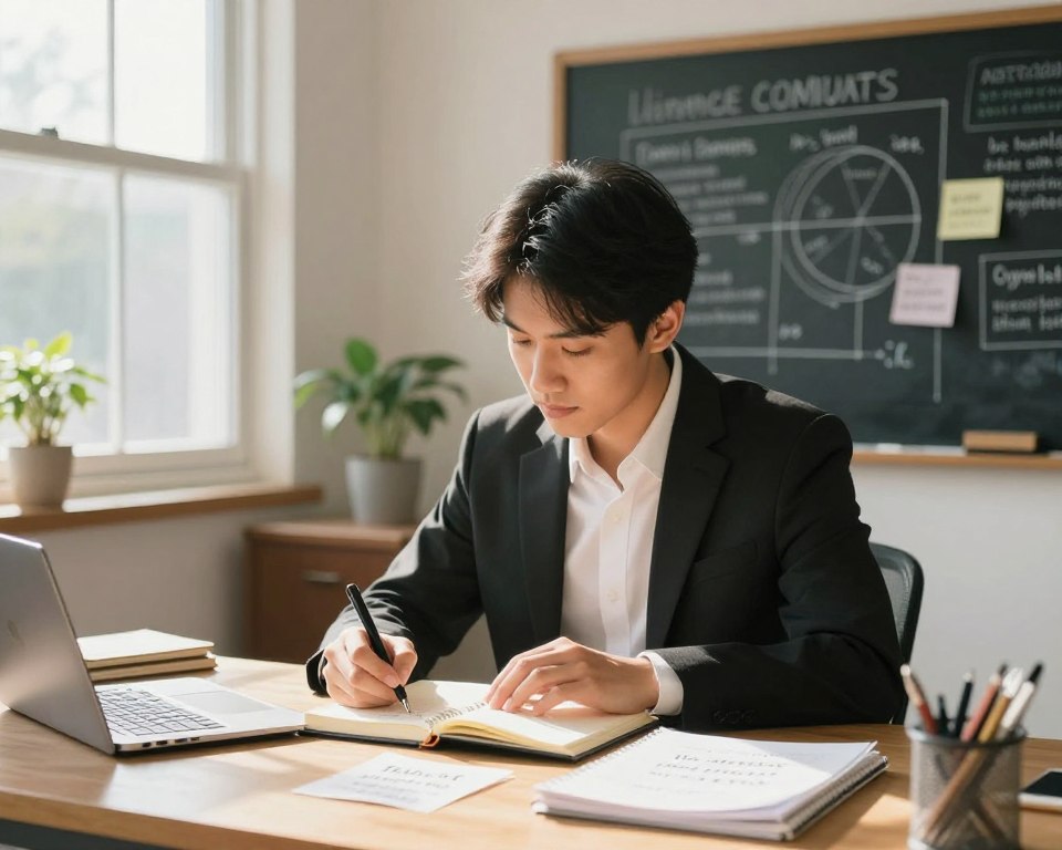A serene indoor workspace bathed in warm, natural light, featuring a focused individual in professional business attire, seated at a desk cluttered with notebooks and motivational quotes. The individual, a young adult of Asian descent, is writing in a journal with a determined expression, symbolizing perseverance and commitment. In the background, a chalkboard with strategic plans and reminders of long-term goals adds depth. Soft shadows create a cozy atmosphere, while a potted plant nearby emphasizes growth and resilience. Include a window showing a sunny day outside to evoke hope and potential. The overall mood should inspire determination and a sense of practicality in overcoming inconsistency. A serene indoor workspace bathed in warm, natural light, featuring a focused individual in professional business attire, seated at a desk cluttered with notebooks and motivational quotes. The individual, a young adult of Asian descent, is writing in a journal with a determined expression, symbolizing perseverance and commitment. In the background, a chalkboard with strategic plans and reminders of long-term goals adds depth. Soft shadows create a cozy atmosphere, while a potted plant nearby emphasizes growth and resilience. Include a window showing a sunny day outside to evoke hope and potential. The overall mood should inspire determination and a sense of practicality in overcoming inconsistency.