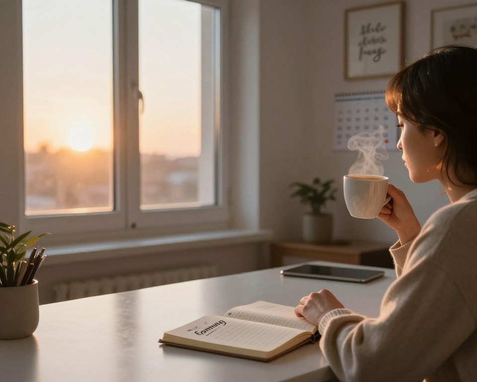 A serene morning scene depicting motivation for waking up early. In the foreground, a person sits at a neatly arranged desk, wearing cozy, modest clothing, sipping from a steaming cup of coffee, with a notebook open showing early morning thoughts and goals. The middle layer features a softly lit window showcasing a stunning sunrise, casting warm light into the room, symbolizing new beginnings. In the background, subtle elements like a well-organized wall calendar and inspirational quotes framed on the wall enhance the atmosphere of productivity and motivation. The lighting is warm and inviting, creating a peaceful yet energizing mood, with an emphasis on a fresh start to the day. The angle is slightly elevated, capturing the openness of the space while keeping the focus on the individual’s content expression.