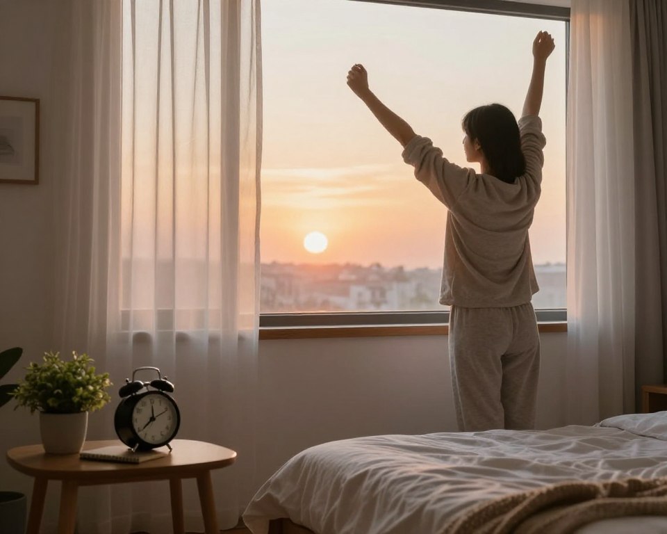 A serene morning scene depicting the method of small steps in adjusting daily rituals. In the foreground, a peaceful bedroom with a cozy bed, soft lighting filtering through sheer curtains. A gentle alarm clock shows 5:00 AM on a bedside table decorated with a small plant and a notebook. In the middle ground, a figure in comfortable yet modest loungewear is seen stretching by the window, symbolizing a fresh start. The background features a bright sunrise painting the sky with warm colors, reflecting motivation and new beginnings. The overall mood is calm and inspiring, inviting a sense of tranquility and the promise of a productive day ahead. Soft, natural lighting enhances the warm atmosphere, creating an inviting and uplifting scene.