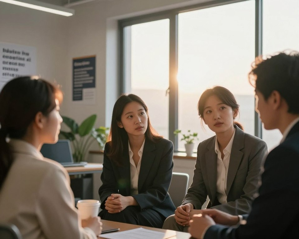 A serene office environment at dawn symbolizes renewal and motivation. In the foreground, a diverse group of three individuals (two women and one man) in professional business attire are engaged in a discussion. They appear focused and contemplative, with determined expressions, showcasing a collaborative atmosphere. The middle ground features a large window allowing soft, warm morning light to flood the room, casting gentle shadows and creating a calm ambiance. In the background, motivational posters are subtly displayed on the walls, blending well with plants that add a touch of nature. The scene should evoke feelings of hope and resilience, capturing the essence of a mental reset and the motivation to regain habits after setbacks. Use a slight depth of field to keep the foreground in sharp focus, while the background remains softly blurred, emphasizing the individuals' commitment to action.