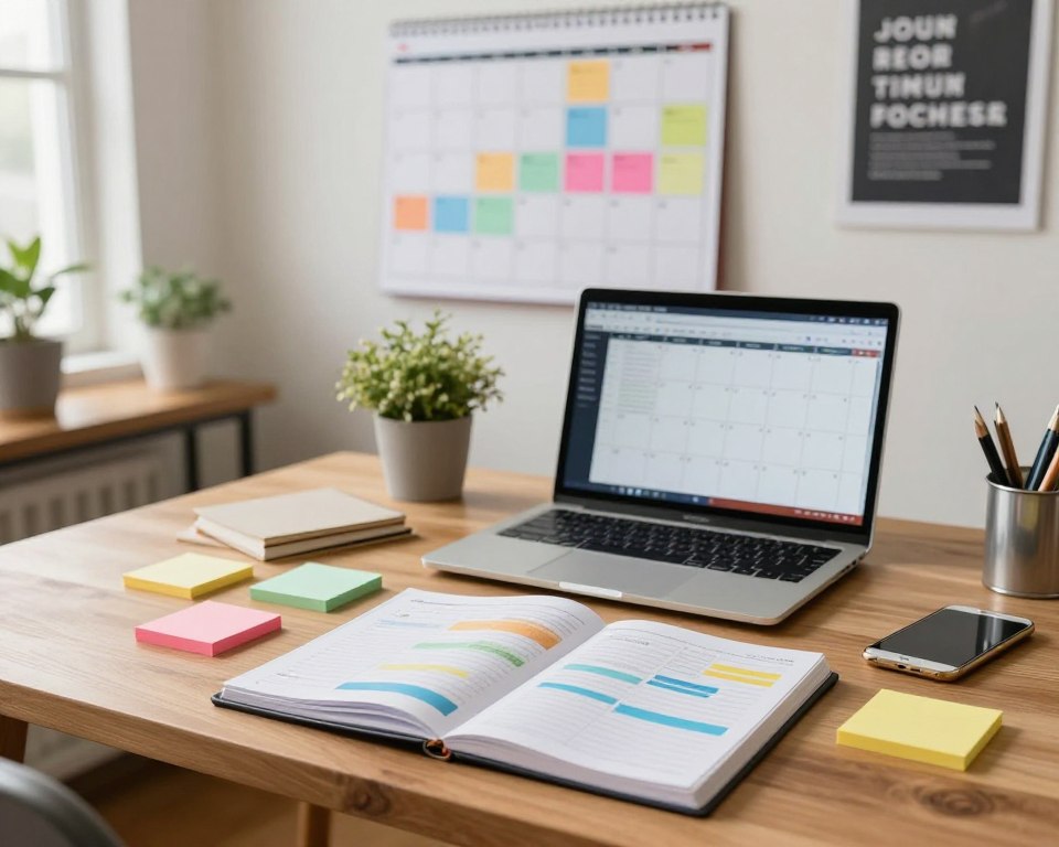 A serene office environment illustrating the concept of time blocking in daily organization. In the foreground, a detailed wooden desk is scattered with colorful sticky notes and a planner open to a weekly schedule filled with time-blocked tasks. A laptop is prominently displayed, showing a digital calendar. In the middle ground, there is a large calendar on the wall, color-coded for different tasks, with a focus on productivity. The background features a cozy, well-lit workspace with indoor plants and a motivational poster. Soft, natural lighting streams in from a window, creating a calm and focused atmosphere. The scene should evoke a sense of order and efficiency, ideally captured from a slightly elevated angle to emphasize the organization of the workspace. A serene office environment illustrating the concept of time blocking in daily organization. In the foreground, a detailed wooden desk is scattered with colorful sticky notes and a planner open to a weekly schedule filled with time-blocked tasks. A laptop is prominently displayed, showing a digital calendar. In the middle ground, there is a large calendar on the wall, color-coded for different tasks, with a focus on productivity. The background features a cozy, well-lit workspace with indoor plants and a motivational poster. Soft, natural lighting streams in from a window, creating a calm and focused atmosphere. The scene should evoke a sense of order and efficiency, ideally captured from a slightly elevated angle to emphasize the organization of the workspace.