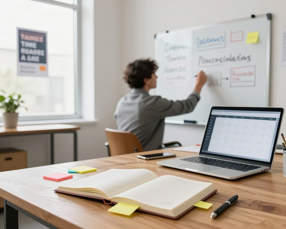 A serene office space showcasing effective time management techniques to combat procrastination. In the foreground, a neatly arranged wooden desk features an open planner, colorful sticky notes, and a laptop displaying a calendar. In the middle, a focused individual, dressed in professional business attire, is brainstorming ideas on a whiteboard filled with time management strategies. The background consists of a bright window letting in natural light, illuminating a motivational poster that encourages productivity. A potted plant adds a touch of vibrancy to the scene. The overall mood is calm and inspiring, evoking a sense of clarity and determination. The angle is a slightly elevated view, capturing the workspace as a whole while emphasizing the individual's concentration and proactive approach to managing their time effectively.