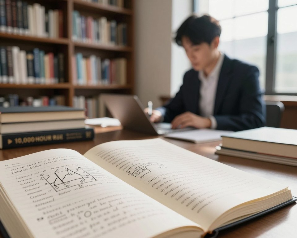 A serene study environment reflecting the concept of mastery through the 10,000-hour rule. In the foreground, an open notebook filled with notes and diagrams about skill development and practice. In the middle ground, a professional figure, dressed in smart business attire, deeply engaged in focused work, surrounded by books on expertise and psychology. The background features a bookshelf filled with titles related to mastery, learning, and habit formation, softly lit to create an academic atmosphere. Natural light streams in through a large window, casting gentle shadows. The mood is contemplative and inspiring, evoking a sense of dedication to personal growth and mastery. The angle is slightly elevated, providing a comprehensive view of the environment.