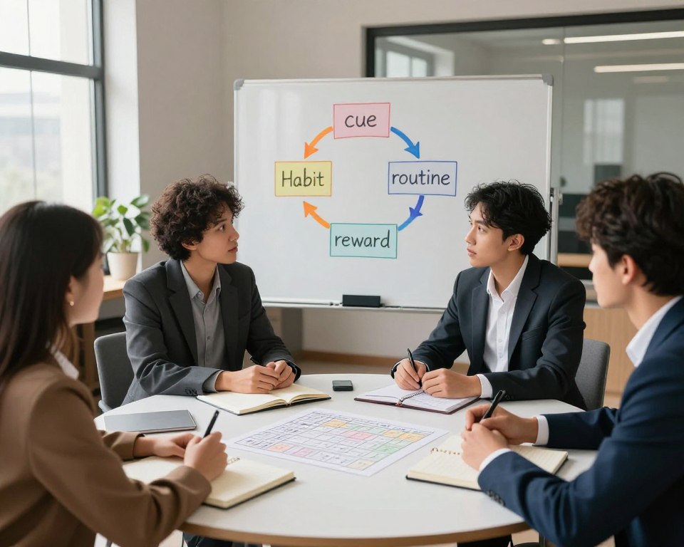 A serene workspace depicting the process of habit formation. In the foreground, a diverse group of people dressed in professional business attire are engaged in focused discussions around a round table filled with notebooks and habit-tracking charts. In the middle ground, a whiteboard illustrates key concepts like "cue," "routine," and "reward," with colorful arrows connecting them, symbolizing the cycle of habits. The background features a cozy office environment with large windows letting in soft, natural light, casting gentle shadows. The atmosphere is collaborative and motivational, inspiring creativity and commitment to personal growth. The image should evoke a sense of determination and positivity, highlighting the significance of habit stacking for lasting change. A serene workspace depicting the process of habit formation. In the foreground, a diverse group of people dressed in professional business attire are engaged in focused discussions around a round table filled with notebooks and habit-tracking charts. In the middle ground, a whiteboard illustrates key concepts like "cue," "routine," and "reward," with colorful arrows connecting them, symbolizing the cycle of habits. The background features a cozy office environment with large windows letting in soft, natural light, casting gentle shadows. The atmosphere is collaborative and motivational, inspiring creativity and commitment to personal growth. The image should evoke a sense of determination and positivity, highlighting the significance of habit stacking for lasting change.