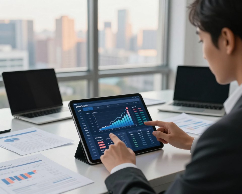 A sleek, modern financial workspace set in the foreground, featuring a digital tablet displaying a sophisticated bond calculator interface. A financial analyst, dressed in professional business attire, is focused on analyzing data, with graphs and charts glowing softly on the tablet. In the middle ground, an organized desk is surrounded by financial reports and a laptop, with a backdrop of a large window revealing a city skyline bathed in warm, natural light, creating an atmosphere of productivity and financial insight. The scene is bright and inviting, with a slight depth of field effect, highlighting the calculator interface as the key element while emphasizing the professionalism of the environment.