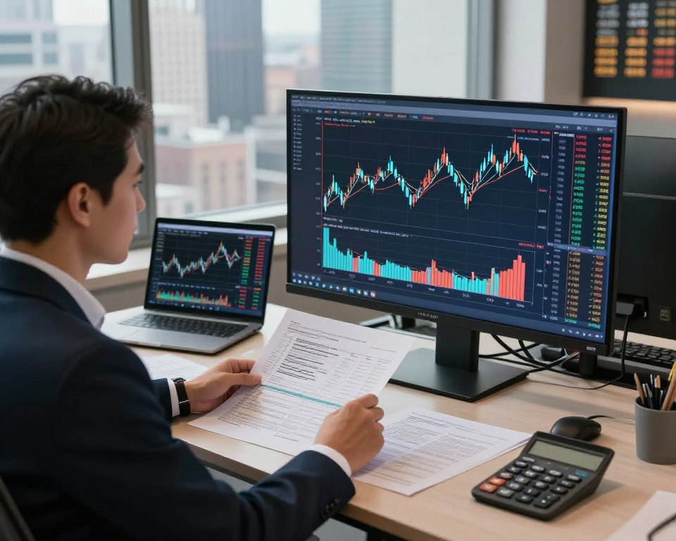 A sophisticated scene depicting the fundamental and technical analysis of financial markets. In the foreground, a business professional in formal attire is analyzing charts and graphs on a large digital display, showcasing candlestick patterns and price movements. In the middle, a well-organized desk filled with financial reports, a calculator, and a laptop displaying stock market data can be seen. The background features a large window overlooking a city skyline, with financial institutions and stock tickers visible. Soft, warm lighting creates an inviting atmosphere, with a focus on the clarity of the digital screens. The overall mood is analytical and strategic, reflecting the essence of market analysis during a bearish trend. A sophisticated scene depicting the fundamental and technical analysis of financial markets. In the foreground, a business professional in formal attire is analyzing charts and graphs on a large digital display, showcasing candlestick patterns and price movements. In the middle, a well-organized desk filled with financial reports, a calculator, and a laptop displaying stock market data can be seen. The background features a large window overlooking a city skyline, with financial institutions and stock tickers visible. Soft, warm lighting creates an inviting atmosphere, with a focus on the clarity of the digital screens. The overall mood is analytical and strategic, reflecting the essence of market analysis during a bearish trend.