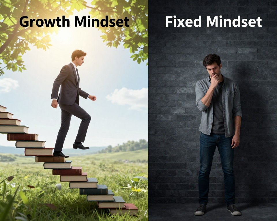 A split-image design illustrating the concepts of "Growth Mindset" and "Fixed Mindset". On the left side, depict a person in professional business attire, confidently climbing a staircase made of books with a bright, optimistic landscape in the background symbolizing growth, with sunlight filtering through trees. On the right side, show another individual in modest casual clothing, standing at the base of a wall made of bricks, looking contemplative and hesitant, against a darker, subdued backdrop. The lighting should create a contrast between the two sides, with warm, uplifting tones on the growth mindset side and cooler, more somber shades on the fixed mindset side. The atmosphere should evoke a sense of possibility and motivation on the left and reflection and stagnation on the right. A split-image design illustrating the concepts of "Growth Mindset" and "Fixed Mindset". On the left side, depict a person in professional business attire, confidently climbing a staircase made of books with a bright, optimistic landscape in the background symbolizing growth, with sunlight filtering through trees. On the right side, show another individual in modest casual clothing, standing at the base of a wall made of bricks, looking contemplative and hesitant, against a darker, subdued backdrop. The lighting should create a contrast between the two sides, with warm, uplifting tones on the growth mindset side and cooler, more somber shades on the fixed mindset side. The atmosphere should evoke a sense of possibility and motivation on the left and reflection and stagnation on the right.