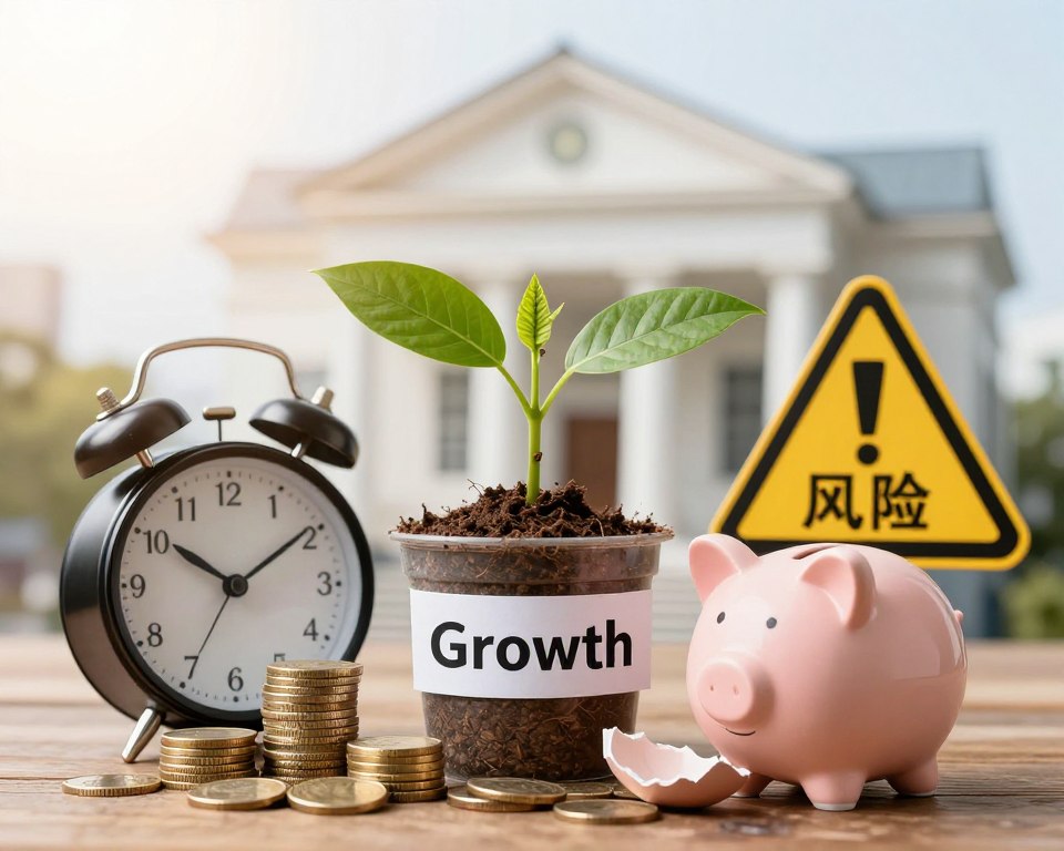 A split image illustrating the advantages and disadvantages of a fixed-term deposit. In the foreground, a stack of golden coins symbolizing wealth and security, next to a clock indicating time, representing the fixed aspect of the deposit. In the middle, a vibrant green plant growing from a pot labeled "Growth", symbolizing the potential for profit and stability. Contrasting with this, a small broken piggy bank and a caution sign indicating risks, representing disadvantages. In the background, a blurred bank building under bright yet soft morning light, adding a professional atmosphere. The overall mood is informative and balanced, capturing the dual nature of fixed-term deposits. The composition should be clear and visually engaging, without any text or overlays. A split image illustrating the advantages and disadvantages of a fixed-term deposit. In the foreground, a stack of golden coins symbolizing wealth and security, next to a clock indicating time, representing the fixed aspect of the deposit. In the middle, a vibrant green plant growing from a pot labeled "Growth", symbolizing the potential for profit and stability. Contrasting with this, a small broken piggy bank and a caution sign indicating risks, representing disadvantages. In the background, a blurred bank building under bright yet soft morning light, adding a professional atmosphere. The overall mood is informative and balanced, capturing the dual nature of fixed-term deposits. The composition should be clear and visually engaging, without any text or overlays.
