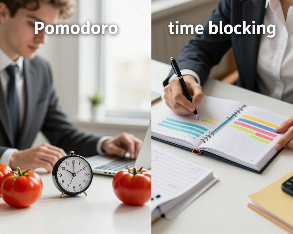 A split-screen composition illustrating the concepts of "Pomodoro" and "time blocking" as time management techniques. In the foreground, on the left, a focused individual in professional attire is passionately working at a desk with a traditional Pomodoro timer, surrounded by vibrant red tomatoes representing the technique. On the right, another person, also in professional attire, is using a planner with distinct time blocks highlighted in different colors, surrounded by neatly organized notes and tools. In the middle, a contrasting background with a calm office environment, bright natural lighting streaming through a window, creating an inviting atmosphere. The overall mood is productive and orderly, emphasizing focus and time management. A split-screen composition illustrating the concepts of "Pomodoro" and "time blocking" as time management techniques. In the foreground, on the left, a focused individual in professional attire is passionately working at a desk with a traditional Pomodoro timer, surrounded by vibrant red tomatoes representing the technique. On the right, another person, also in professional attire, is using a planner with distinct time blocks highlighted in different colors, surrounded by neatly organized notes and tools. In the middle, a contrasting background with a calm office environment, bright natural lighting streaming through a window, creating an inviting atmosphere. The overall mood is productive and orderly, emphasizing focus and time management.