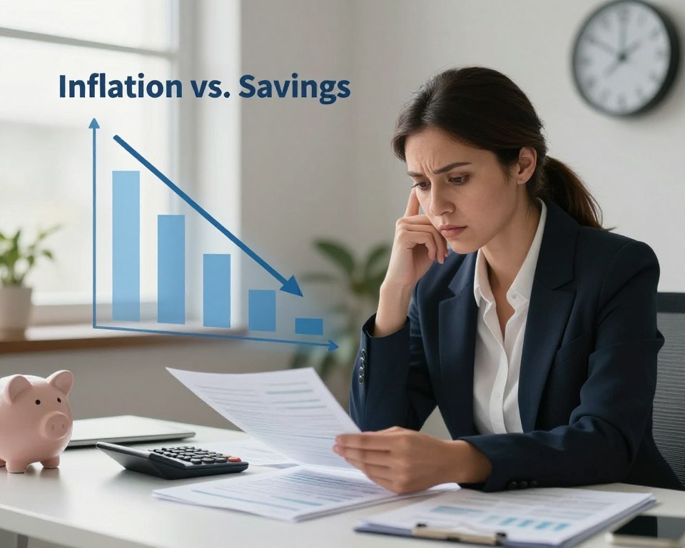 A thought-provoking illustration of "Inflation vs. Savings" featuring a close-up of a determined professional woman in a business attire, sitting at a sleek modern desk filled with financial documents and a digital calculator. In the background, a transparent chart depicting a rising inflation graph contrasts sharply with a declining savings trend. The room is bathed in soft, natural lighting from a large window, creating a warm atmosphere. Gentle shadows add depth to the scene, highlighting the seriousness of the discussion. The focus is on the woman’s contemplative expression as she examines her finances, with subtle elements like a piggy bank and a clock in the background symbolizing time passing and the impact of inflation. The overall mood is reflective and serious, conveying the urgency of understanding financial loss.