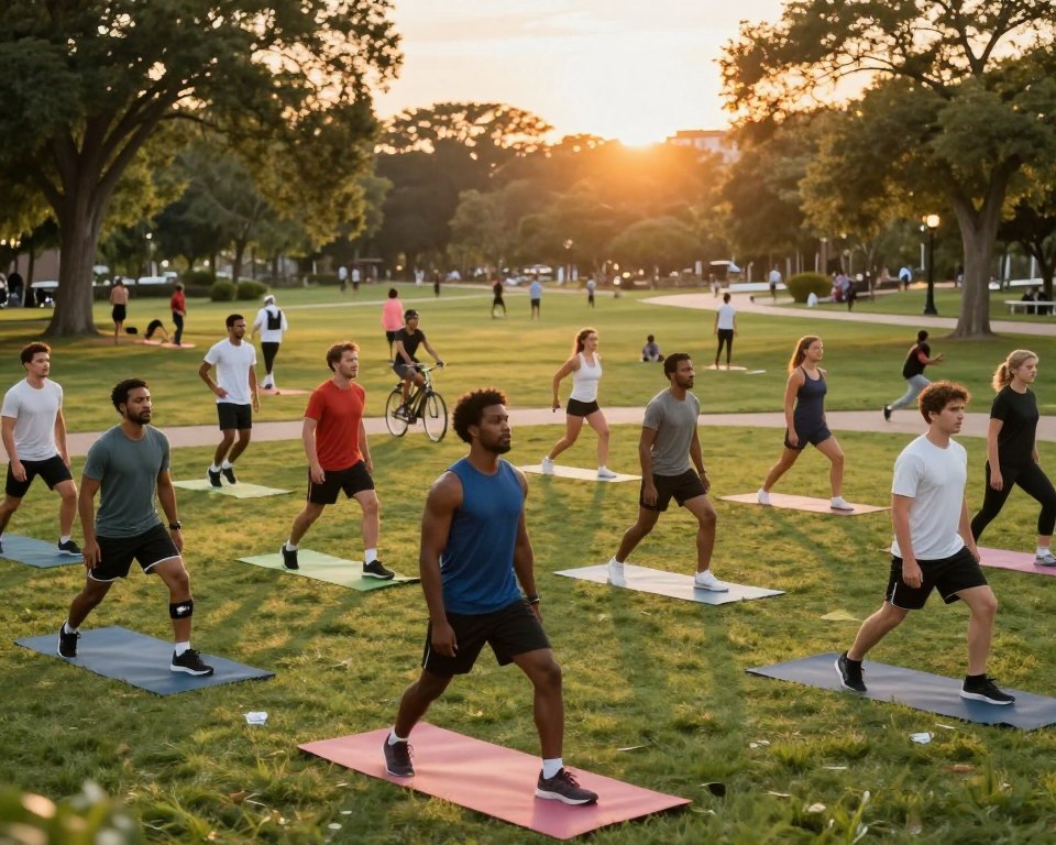 A vibrant and dynamic scene illustrating the themes of sports, health, and physical development. In the foreground, a diverse group of men in professional athletic wear engage in various sports activities, showcasing teamwork and determination. In the middle, a lush park setting filled with people jogging, cycling, and practicing yoga, radiating a sense of community and vitality. The background features a sunset casting a warm golden light over the area, enhancing the energetic atmosphere. The scene captures a sense of motivation and well-being, evoking a cheerful mood. Use a wide-angle lens for depth, and ensure the light highlights the subjects without harsh shadows, creating an inviting and inspiring environment. A vibrant and dynamic scene illustrating the themes of sports, health, and physical development. In the foreground, a diverse group of men in professional athletic wear engage in various sports activities, showcasing teamwork and determination. In the middle, a lush park setting filled with people jogging, cycling, and practicing yoga, radiating a sense of community and vitality. The background features a sunset casting a warm golden light over the area, enhancing the energetic atmosphere. The scene captures a sense of motivation and well-being, evoking a cheerful mood. Use a wide-angle lens for depth, and ensure the light highlights the subjects without harsh shadows, creating an inviting and inspiring environment.
