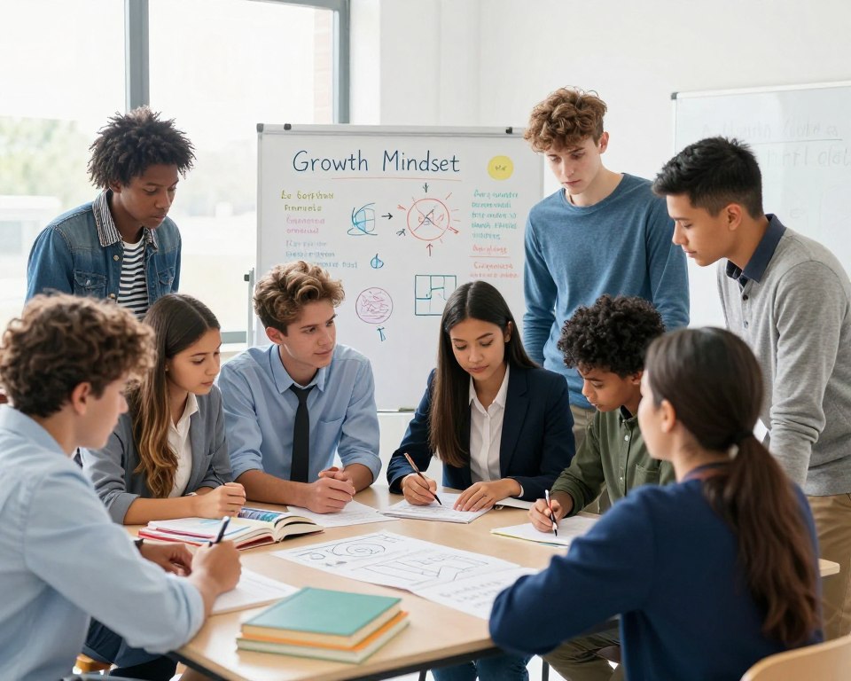 A vibrant classroom scene showcasing the benefits of a growth mindset in education. In the foreground, a diverse group of students of different ethnicities, dressed in smart casual attire, enthusiastically collaborating on a project. Each student is engaged, displaying expressions of curiosity and determination. In the middle ground, a whiteboard filled with colorful diagrams and motivational quotes about growth mindset, while books and learning materials are scattered on a table. The background features large windows letting in bright natural light, creating an uplifting atmosphere. The overall mood is optimistic and dynamic, capturing the essence of learning and personal growth. The image is taken from a slightly elevated angle to encompass all elements harmoniously. A vibrant classroom scene showcasing the benefits of a growth mindset in education. In the foreground, a diverse group of students of different ethnicities, dressed in smart casual attire, enthusiastically collaborating on a project. Each student is engaged, displaying expressions of curiosity and determination. In the middle ground, a whiteboard filled with colorful diagrams and motivational quotes about growth mindset, while books and learning materials are scattered on a table. The background features large windows letting in bright natural light, creating an uplifting atmosphere. The overall mood is optimistic and dynamic, capturing the essence of learning and personal growth. The image is taken from a slightly elevated angle to encompass all elements harmoniously.