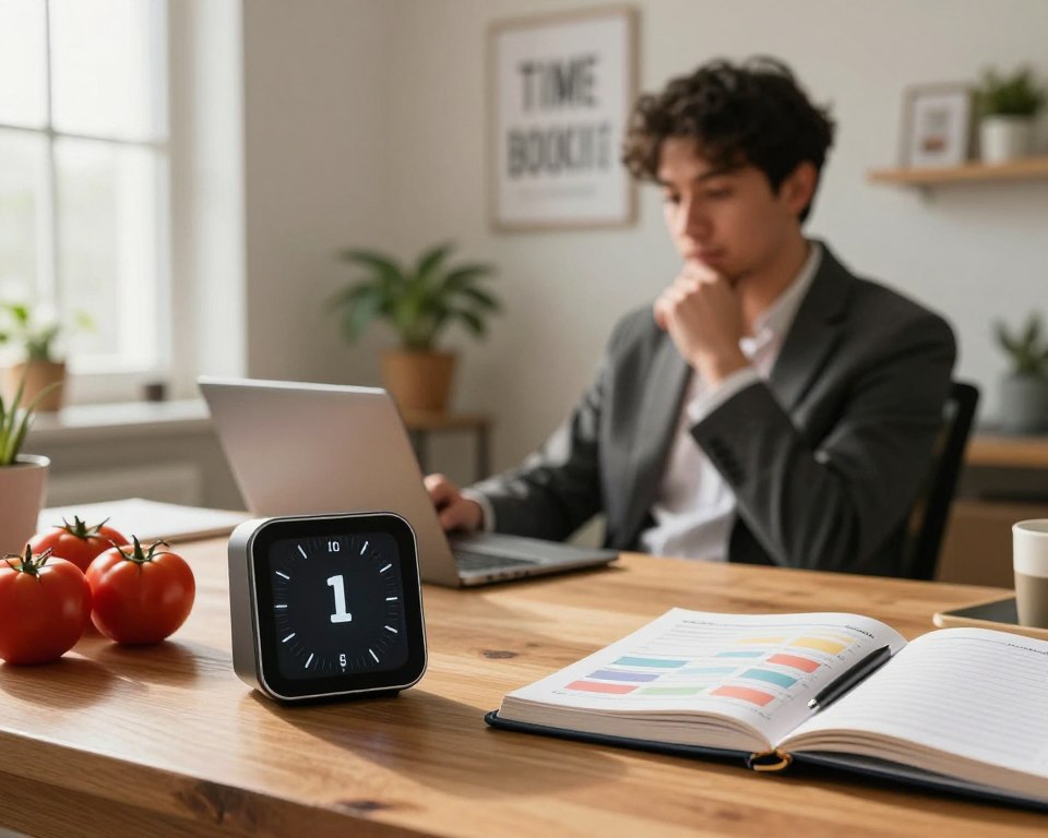 A visually engaging comparison of the Pomodoro technique and time blocking strategy, set on a stylish wooden desk. In the foreground, a sleek, modern timer is shown next to vibrant red tomatoes symbolizing the Pomodoro method, while a planner with time-blocked schedules sits nearby. In the middle ground, a thoughtful person in professional business attire contemplates their options, surrounded by a gentle glow from warm, natural lighting. The background features an organized workspace with motivational quotes on the wall, plants for a touch of nature, and a window allowing soft daylight to filter in. The overall atmosphere is calm yet focused, capturing the essence of effective time management techniques. A visually engaging comparison of the Pomodoro technique and time blocking strategy, set on a stylish wooden desk. In the foreground, a sleek, modern timer is shown next to vibrant red tomatoes symbolizing the Pomodoro method, while a planner with time-blocked schedules sits nearby. In the middle ground, a thoughtful person in professional business attire contemplates their options, surrounded by a gentle glow from warm, natural lighting. The background features an organized workspace with motivational quotes on the wall, plants for a touch of nature, and a window allowing soft daylight to filter in. The overall atmosphere is calm yet focused, capturing the essence of effective time management techniques.