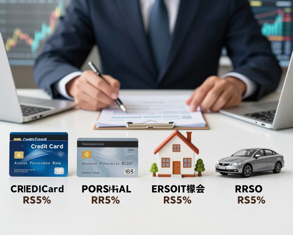 A visually engaging composition illustrating the concept of RRSO (Annual Percentage Rate) across various credit products. In the foreground, display diverse financial products like credit cards, personal loans, home mortgages, and car loans, each representing their respective RRSO percentages in a clear, professional manner. The middle ground should feature a business professional analyzing these products, dressed in smart business attire, evoking a sense of financial acumen. The background should include an abstract representation of a financial market, with gentle lighting creating an inviting atmosphere. Use a wide-angle lens effect to convey depth, highlighting the contrast between the various credit products. The overall mood should be informative yet approachable, reflecting the importance of understanding RRSO in financial decision-making.