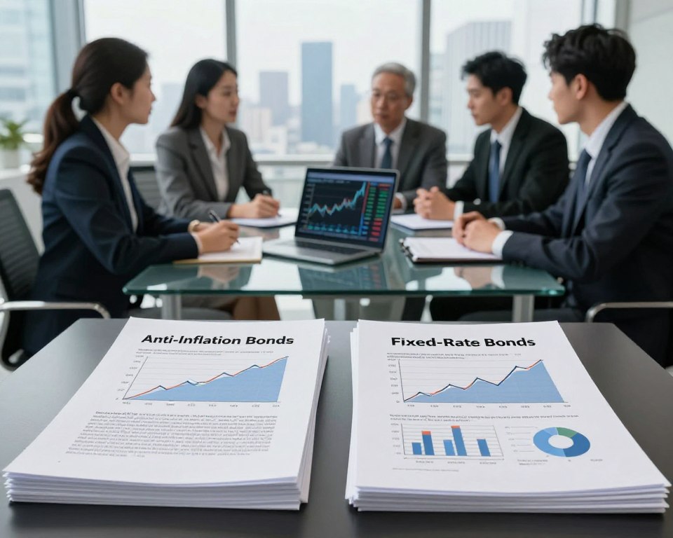 A visually striking comparison of anti-inflation bonds and fixed-rate bonds, set in a modern financial office space. In the foreground, display two neatly arranged stacks of documents labeled "Anti-Inflation Bonds" and "Fixed-Rate Bonds," showcasing detailed graphs and charts that highlight their performance. In the middle, include a sleek glass table with a laptop displaying real-time data graphs, surrounded by professional individuals in smart business attire, engaged in a thoughtful discussion. The background features a large window overlooking a city skyline, bathed in soft, natural light. The atmosphere is focused and analytical, emphasizing a sense of professionalism and financial acumen, perfect for illustrating an article on bonds and inflation protection.
