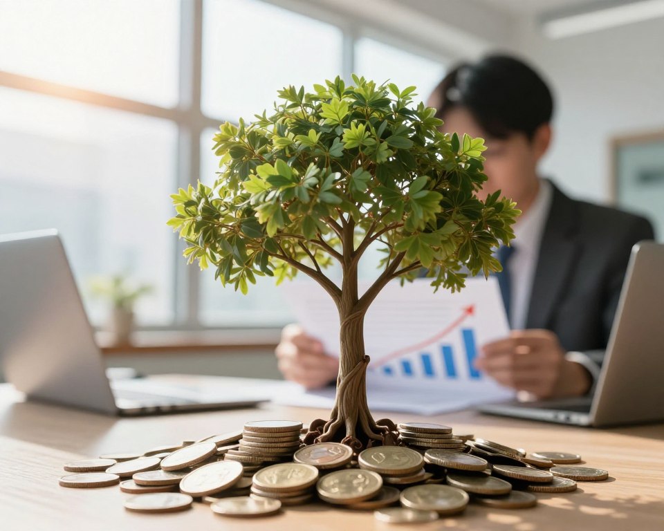 A visually striking illustration of the benefits of compound interest, featuring a close-up of a growing tree made of coins in the foreground, symbolizing financial growth. In the middle ground, include a serene office environment with a professional businessperson analyzing graphs and charts showing a rising trend related to compound interest. The background should depict a large window with sunlight streaming in, creating a warm and optimistic atmosphere. Use soft focus on the background while keeping the central elements sharp to draw attention. The lighting should be bright and inviting, emphasizing the concept of prosperity and long-term wealth accumulation. The overall mood should convey hope and success in financial planning. A visually striking illustration of the benefits of compound interest, featuring a close-up of a growing tree made of coins in the foreground, symbolizing financial growth. In the middle ground, include a serene office environment with a professional businessperson analyzing graphs and charts showing a rising trend related to compound interest. The background should depict a large window with sunlight streaming in, creating a warm and optimistic atmosphere. Use soft focus on the background while keeping the central elements sharp to draw attention. The lighting should be bright and inviting, emphasizing the concept of prosperity and long-term wealth accumulation. The overall mood should convey hope and success in financial planning.