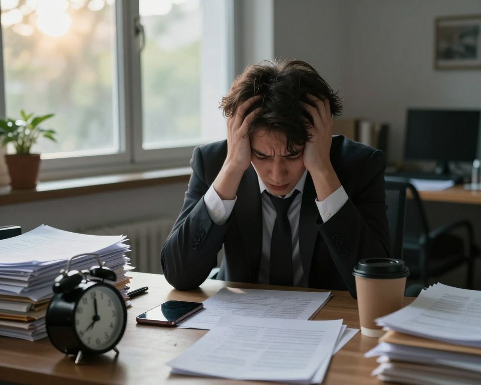 A visually striking image illustrating the concept of procrastination and its effects on life. In the foreground, a cluttered desk with stacks of unfinished paperwork, an unused alarm clock, and a neglected to-do list. In the middle, a young adult in professional attire, looking stressed and overwhelmed, surrounded by distractions like a smartphone, coffee cup, and dim lighting casting a sense of urgency. The background features a window showcasing a beautiful, sunny day outside, contrasting with the chaotic interior to symbolize missed opportunities. The mood is tense and contemplative, highlighting the struggle between ambition and inaction. Soft shadows increase the drama, while a subtle depth of field focuses on the overwhelmed individual, creating an intimate and relatable scene.