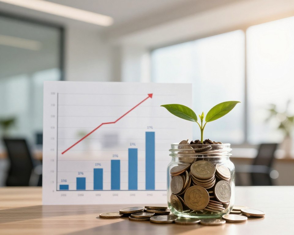 A visually striking scene illustrating the concept of compound interest with a focus on the impact of capitalization. In the foreground, a clear glass jar filled with coins symbolizes savings, with a small plant growing inside it, representing growth through compounded returns. In the middle, multiple layers of graphs and charts display upward trends and percentages, suggesting financial growth and stability. The background features a soft-focus of an elegant office setting with warm, natural lighting pouring in through large windows, creating an optimistic atmosphere. The overall mood is professional and inviting, emphasizing the theme of financial empowerment and practical application of compound interest. The image should have a balanced composition, showcasing the interplay between financial elements and the natural growth represented by the plant. A visually striking scene illustrating the concept of compound interest with a focus on the impact of capitalization. In the foreground, a clear glass jar filled with coins symbolizes savings, with a small plant growing inside it, representing growth through compounded returns. In the middle, multiple layers of graphs and charts display upward trends and percentages, suggesting financial growth and stability. The background features a soft-focus of an elegant office setting with warm, natural lighting pouring in through large windows, creating an optimistic atmosphere. The overall mood is professional and inviting, emphasizing the theme of financial empowerment and practical application of compound interest. The image should have a balanced composition, showcasing the interplay between financial elements and the natural growth represented by the plant.