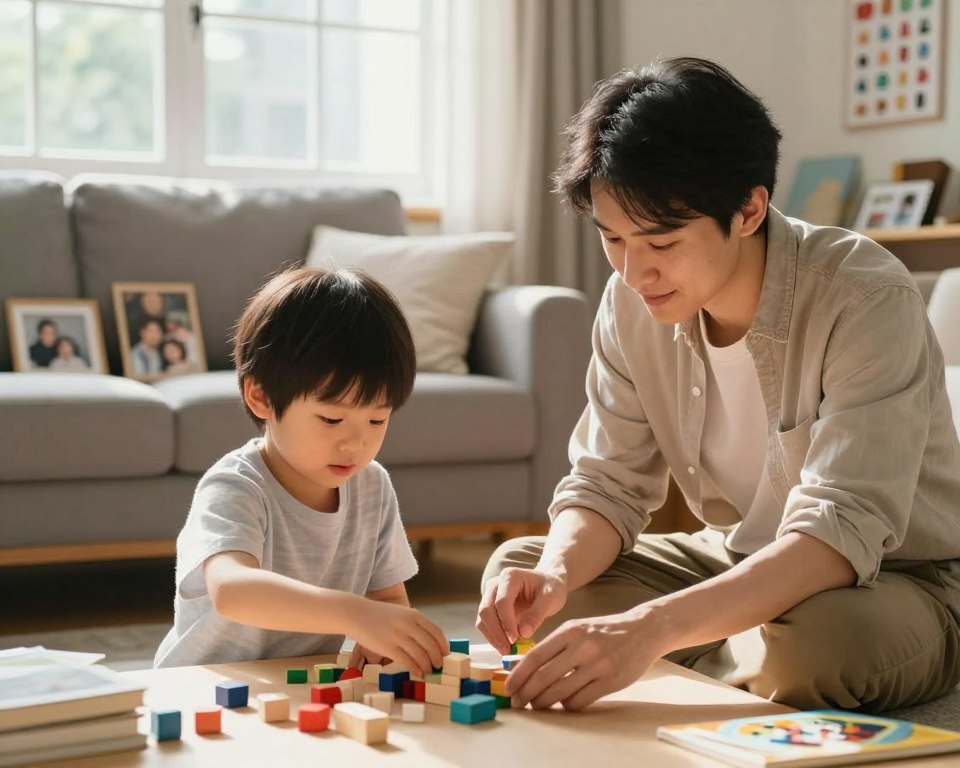 A warm and inviting family scene depicting the impact of consistency on child development and family relationships. In the foreground, a child, around 6 years old, is engaging in a structured activity, such as building blocks, with focused determination. Nearby, a parent, dressed in casual yet modest clothing, offers support and guidance, demonstrating patience and encouragement. In the middle ground, a cozy living room filled with family photos and books reflects a nurturing environment. Soft, natural light filters through a window, casting a gentle glow over the scene, emphasizing connection and harmony. The background subtly hints at various milestones, like a chore chart and educational materials, representing the positive outcomes of consistency in parenting. The overall mood is warm, supportive, and hopeful, capturing the essence of growth through consistent family interactions. A warm and inviting family scene depicting the impact of consistency on child development and family relationships. In the foreground, a child, around 6 years old, is engaging in a structured activity, such as building blocks, with focused determination. Nearby, a parent, dressed in casual yet modest clothing, offers support and guidance, demonstrating patience and encouragement. In the middle ground, a cozy living room filled with family photos and books reflects a nurturing environment. Soft, natural light filters through a window, casting a gentle glow over the scene, emphasizing connection and harmony. The background subtly hints at various milestones, like a chore chart and educational materials, representing the positive outcomes of consistency in parenting. The overall mood is warm, supportive, and hopeful, capturing the essence of growth through consistent family interactions.