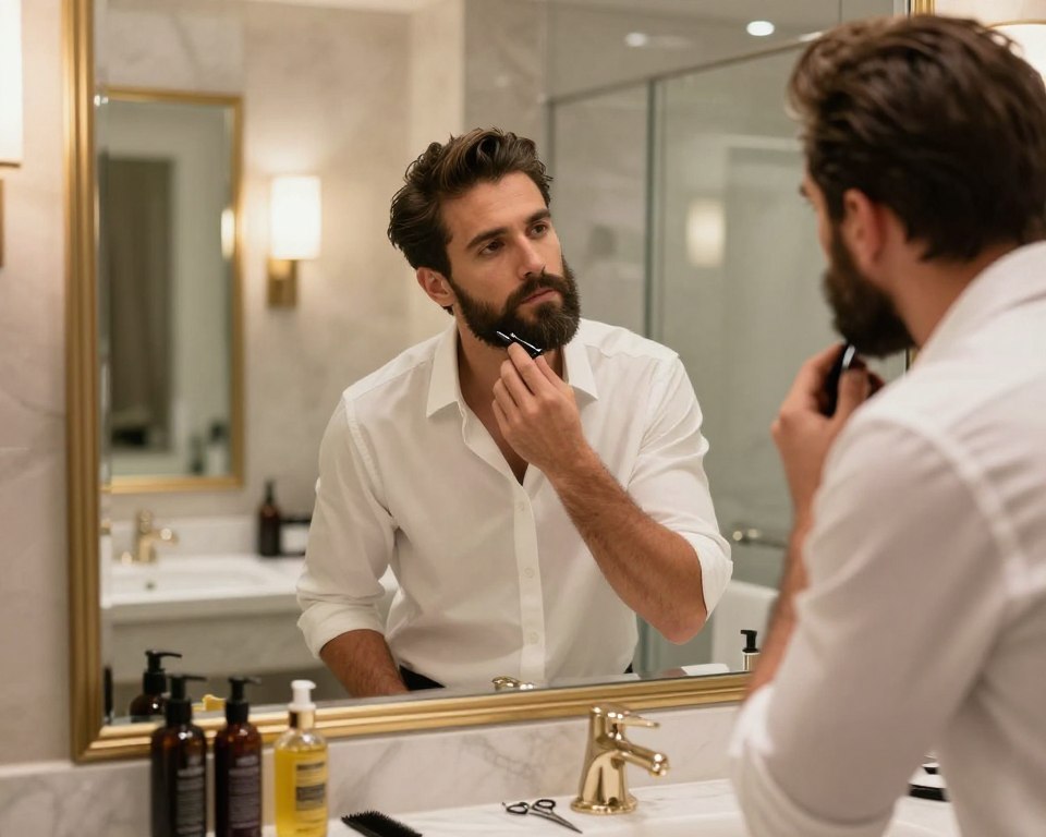 A well-groomed man in a stylish bathroom setting, carefully grooming his beard in front of a large mirror. The foreground features grooming tools like scissors, a beard comb, and high-quality beard oil arranged neatly on a marble countertop. In the middle, the man is focusing on his reflection, dressed in a crisp, white button-up shirt with sleeves rolled up, showcasing a fresh, modern hairstyle. The background includes elegant bathroom décor, with soft, warm lighting creating an inviting atmosphere. The photo is shot from a slight angle to capture both the man’s concentration and the aesthetic of the space, evoking a sense of calm and self-care during a morning routine. The overall mood is sophisticated and relaxed, emphasizing the importance of personal grooming. A well-groomed man in a stylish bathroom setting, carefully grooming his beard in front of a large mirror. The foreground features grooming tools like scissors, a beard comb, and high-quality beard oil arranged neatly on a marble countertop. In the middle, the man is focusing on his reflection, dressed in a crisp, white button-up shirt with sleeves rolled up, showcasing a fresh, modern hairstyle. The background includes elegant bathroom décor, with soft, warm lighting creating an inviting atmosphere. The photo is shot from a slight angle to capture both the man’s concentration and the aesthetic of the space, evoking a sense of calm and self-care during a morning routine. The overall mood is sophisticated and relaxed, emphasizing the importance of personal grooming.