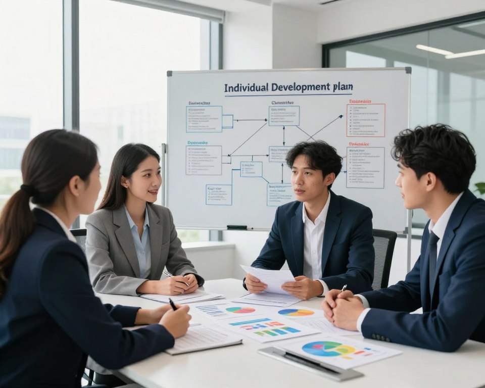 A well-lit, modern office environment illustrating the concept of individual development plans. In the foreground, a diverse group of three professionals, two women and one man, are engaged in a collaborative discussion around a sleek conference table, all dressed in smart business attire. On the table, colorful charts and documents represent personal and business goals, symbolizing integration. In the middle ground, a large whiteboard displays a visual roadmap connecting individual aspirations to broader business objectives, filled with diagrams and bullet points. The background features large windows allowing natural light to flood the room, creating a vibrant and motivating atmosphere. The overall mood is focused yet encouraging, emphasizing teamwork and goal alignment within a corporate setting.