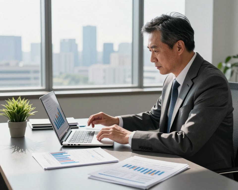 A well-organized and professional office setting, featuring a middle-aged man in a tailored suit sitting at a sleek desk, analyzing financial graphs on a modern laptop. In the foreground, various investment and financial strategy documents are neatly arranged, alongside a small potted plant for a touch of greenery. The middle layer showcases a large window with natural light streaming in, casting soft shadows and highlighting a city skyline in the background. The mood is focused and strategic, emphasizing an ambiance of seriousness and professionalism in investment planning. The lighting is bright yet warm, enhancing the atmosphere of productivity and thoughtful consideration in selecting ETFs.