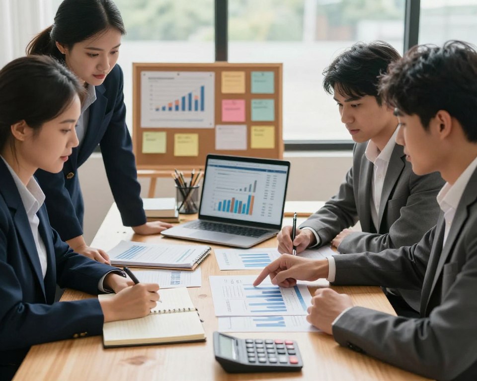 A well-organized desk in an office setting, featuring several financial planning materials like notebooks, calculators, and a laptop displaying graphs and budgets. In the foreground, a diverse group of three professionals, dressed in smart casual attire, are engaged in a collaborative discussion over the desk, with one pointing at a chart. The middle layer includes a corkboard pinned with colorful notes and reminders about financial goals. In the background, a window lets in soft, natural light, creating a warm and inviting atmosphere. The mood is focused and productive, emphasizing teamwork and the importance of financial organization, with a slight depth of field effect to keep the focus on the team and their activities.