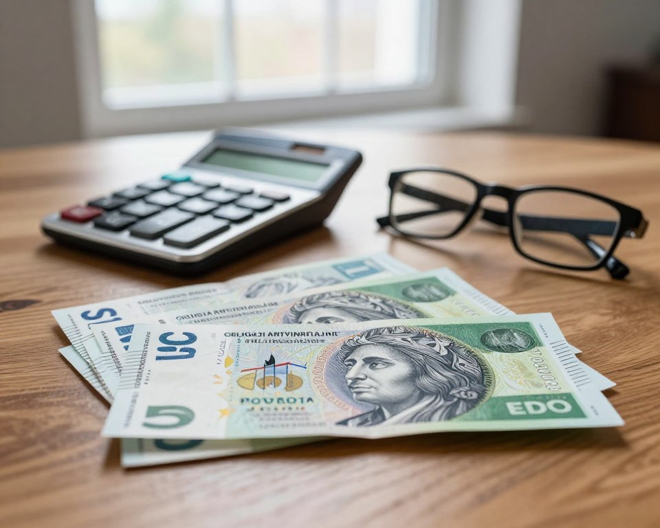 An elegant, close-up view of Polish inflation-indexed bonds (Obligacje antyinflacyjne EDO) displayed prominently on a polished wooden desk. In the foreground, a stack of these bonds, featuring detailed illustrations of financial symbols and graphs, symbolizes investment stability. The middle of the image features a sophisticated calculator and a pair of reading glasses, representing careful financial planning. In the background, a large window with soft natural light casts a warm glow over the scene, evoking a sense of trust and security in financial investments. The atmosphere is calm and professional, with subtle earth tones enhancing the mood of stability and protection against inflation. The composition is shot from a slightly elevated angle, focusing on the intricate details of the bonds and accessories.